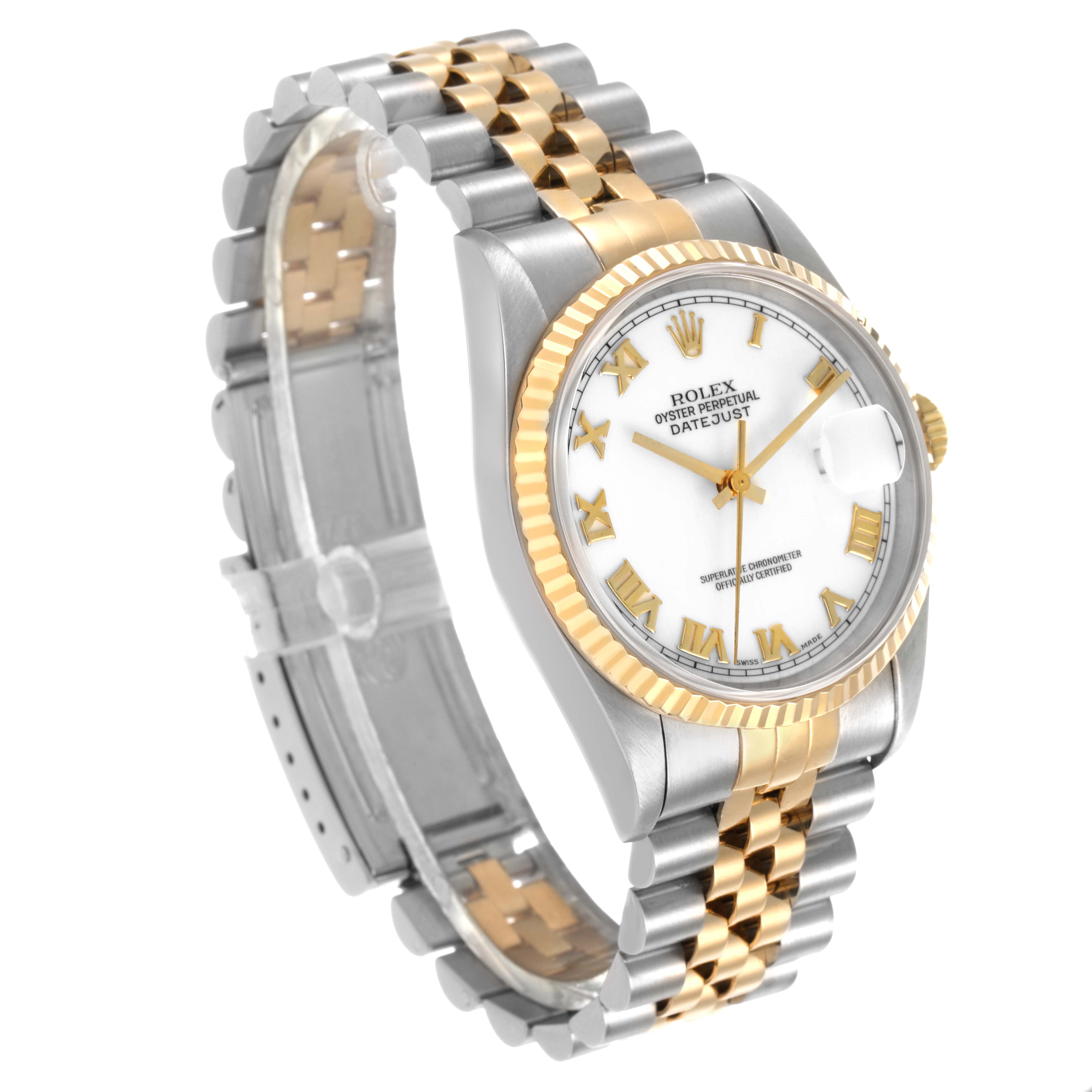 The Rolex Datejust 16233 Men's Steel and Gold (two tone) White Dial watch is shown at a three-quarter angle, highlighting the dial, bezel, and two-tone bracelet.