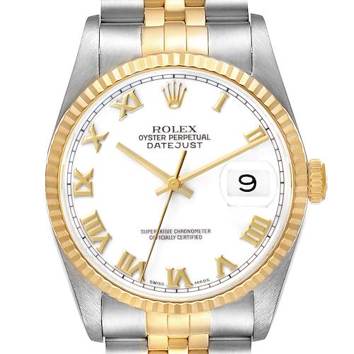 The Rolex Datejust 16233 Men's Steel and Gold (two tone) White Dial watch is shown from a front angle, displaying the dial, hands, date, bezel, and part of the bracelet.