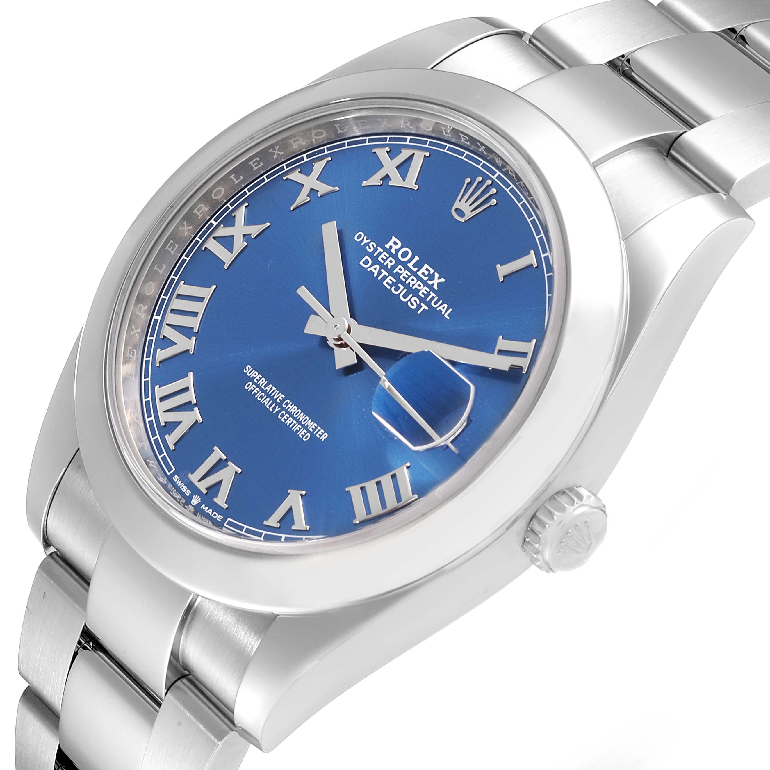 The image shows a close-up side view of a Rolex Datejust 41 126300 Men's Stainless Steel Blue Dial 126300 Men's Stainless Steel Blue Dial watch, highlighting its blue dial and stainless steel bracelet.