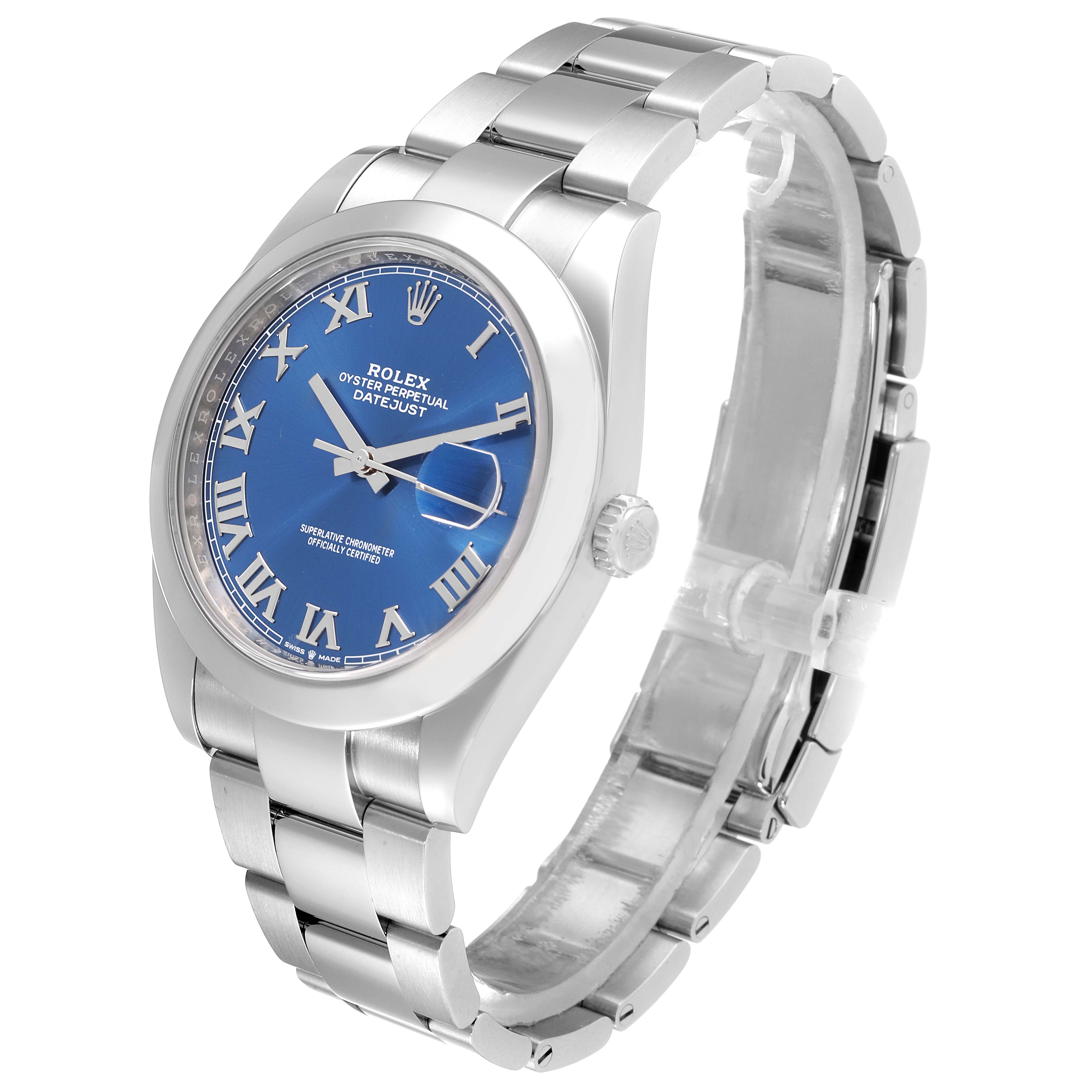 The image shows a Rolex Datejust 41 126300 Men's Stainless Steel Blue Dial 126300 Men's Stainless Steel Blue Dial model watch at a slight angle, displaying its blue dial, silver hands, and metal bracelet.