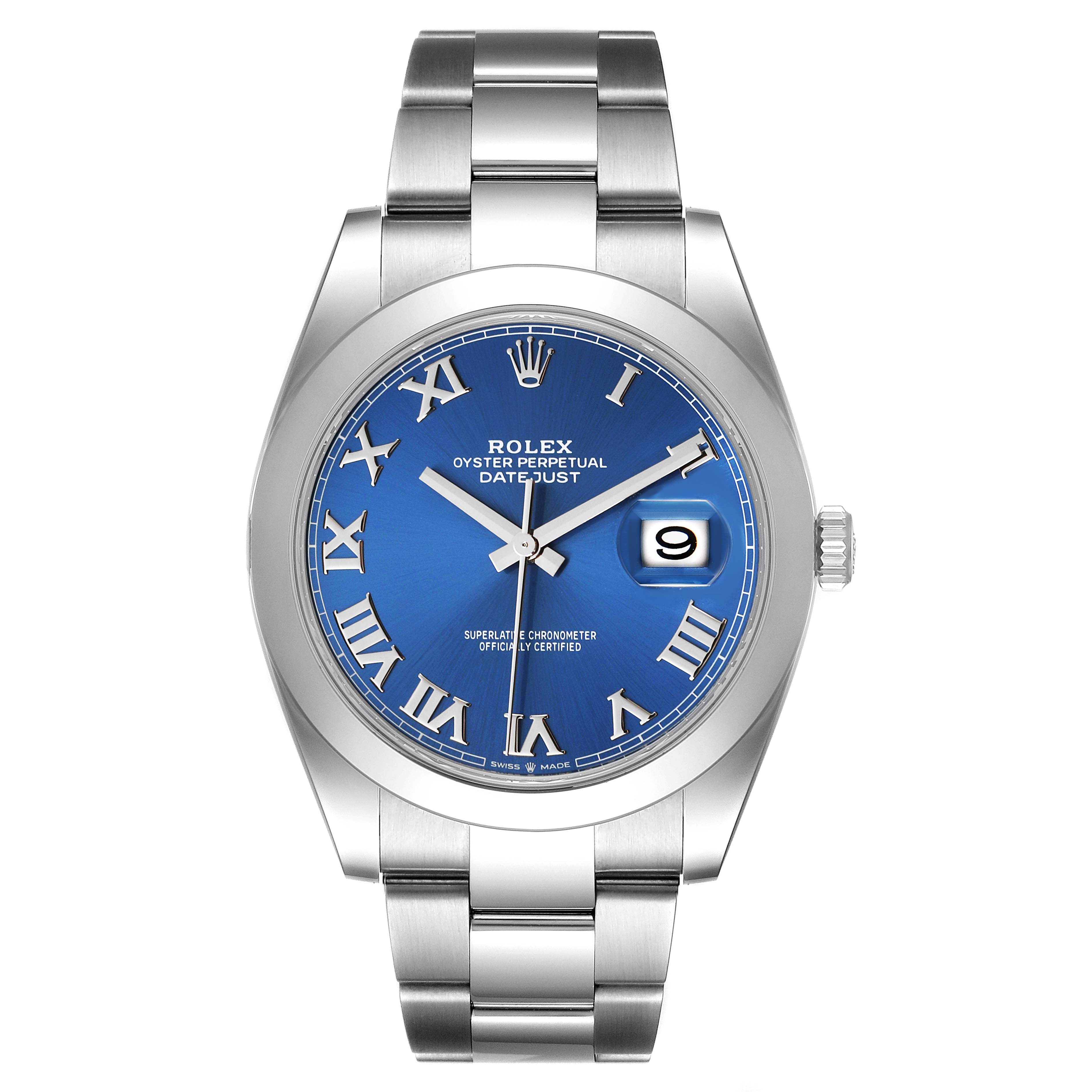 The image shows a front view of a Rolex Datejust 41 126300 Men's Stainless Steel Blue Dial 126300 Men's Stainless Steel Blue Dial watch displaying its blue dial, date window, and silver bracelet.