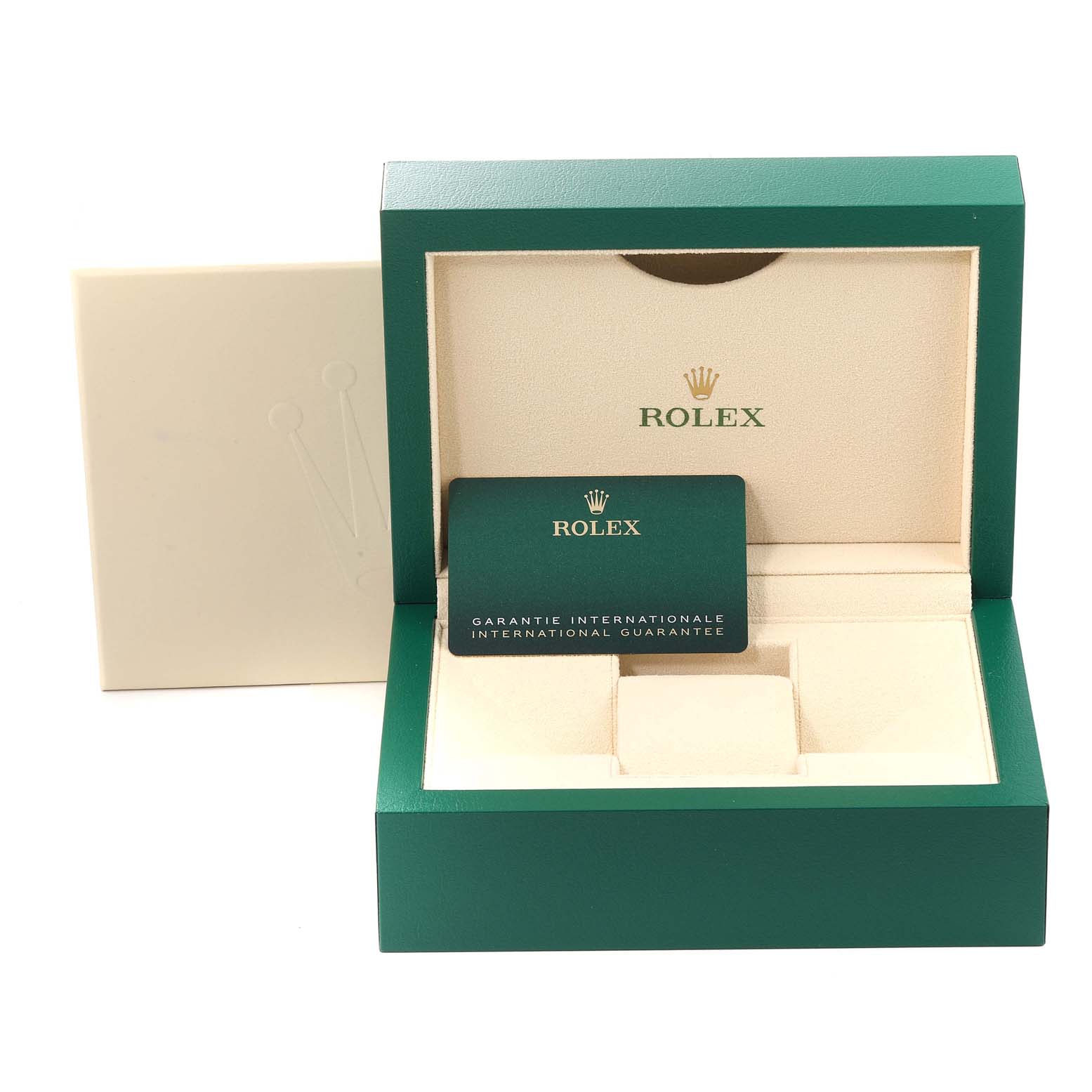 The image shows the official green box and international guarantee card for a Rolex Datejust 41 126300 Men's Stainless Steel Blue Dial 126300 Men's Stainless Steel Blue Dial model, with its inner and outer boxes.