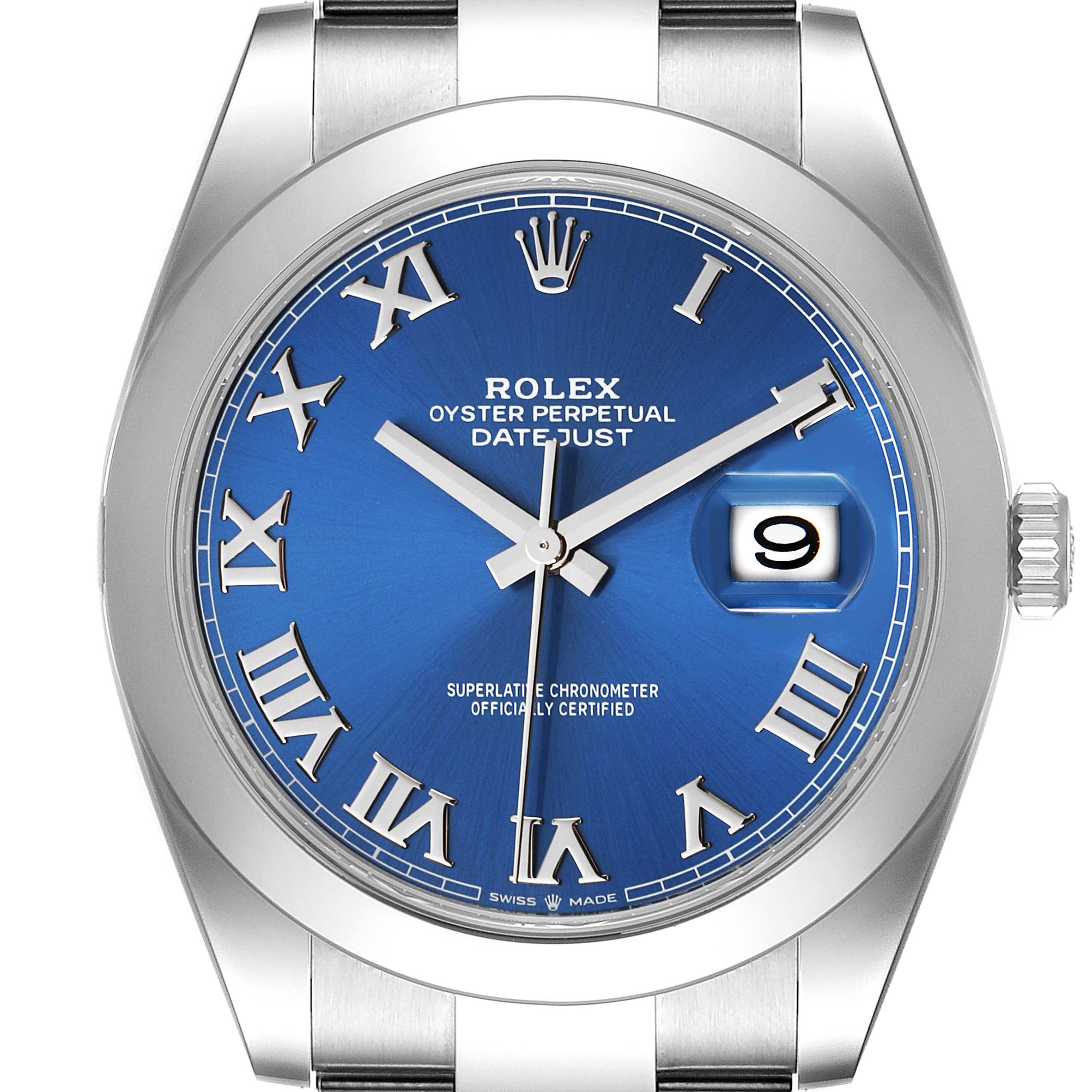 The image shows a front angle view of a Rolex Datejust 41 126300 Men's Stainless Steel Blue Dial 126300 Men's Stainless Steel Blue Dial watch with a blue dial and Roman numerals.