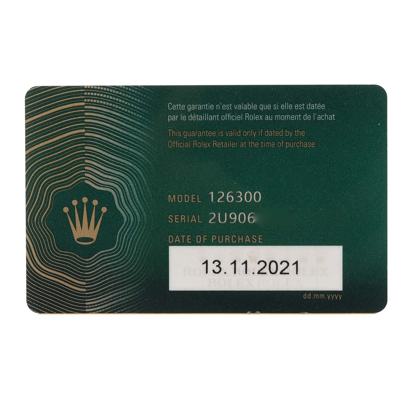 The image shows a guarantee card for the Rolex Datejust 41 126300 Men's Stainless Steel Blue Dial 126300 Men's Stainless Steel Blue Dial model 126300, displaying the serial number and purchase date.