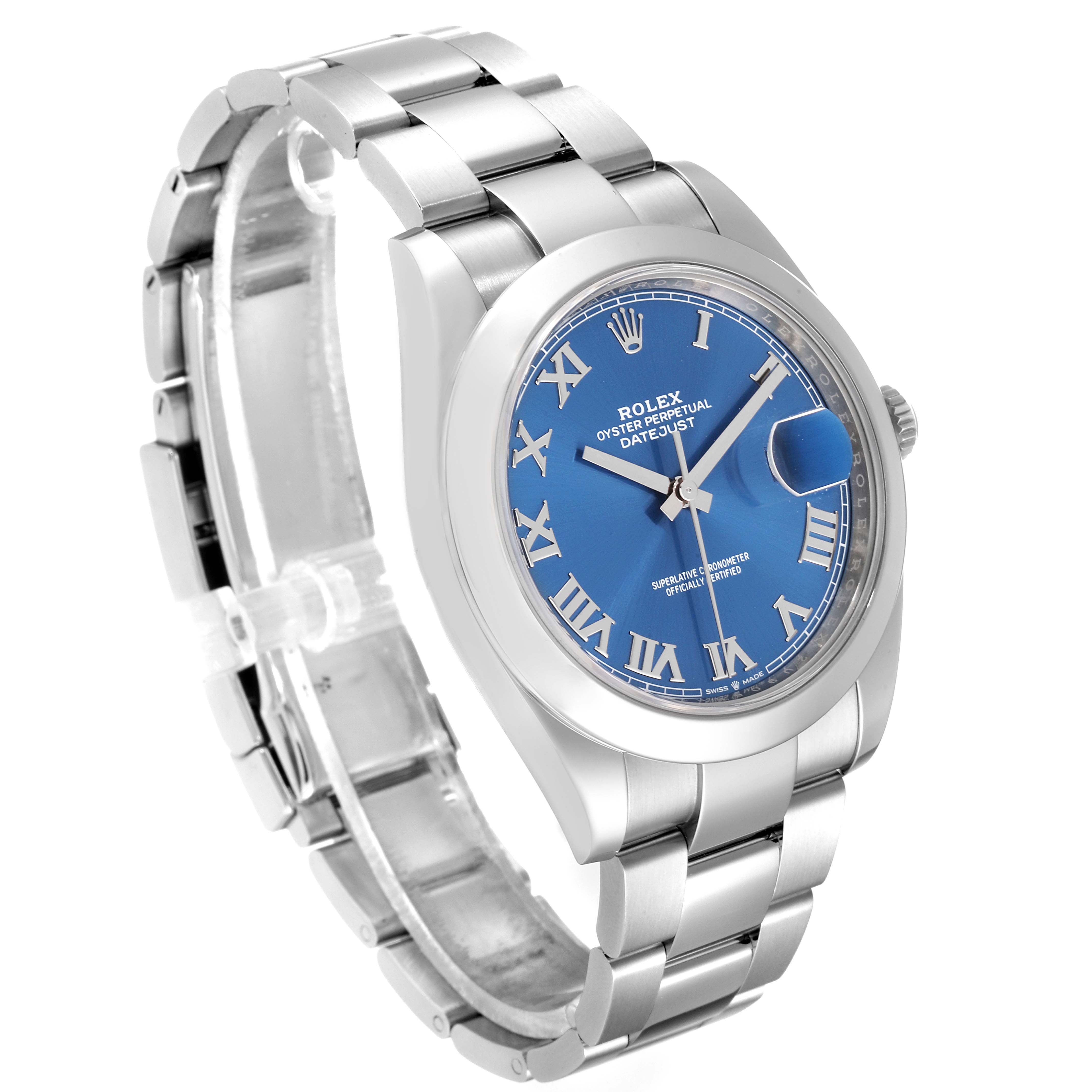 The image shows a Rolex Datejust 41 126300 Men's Stainless Steel Blue Dial 126300 Men's Stainless Steel Blue Dial watch from a three-quarter view, highlighting the dial, bezel, and bracelet.