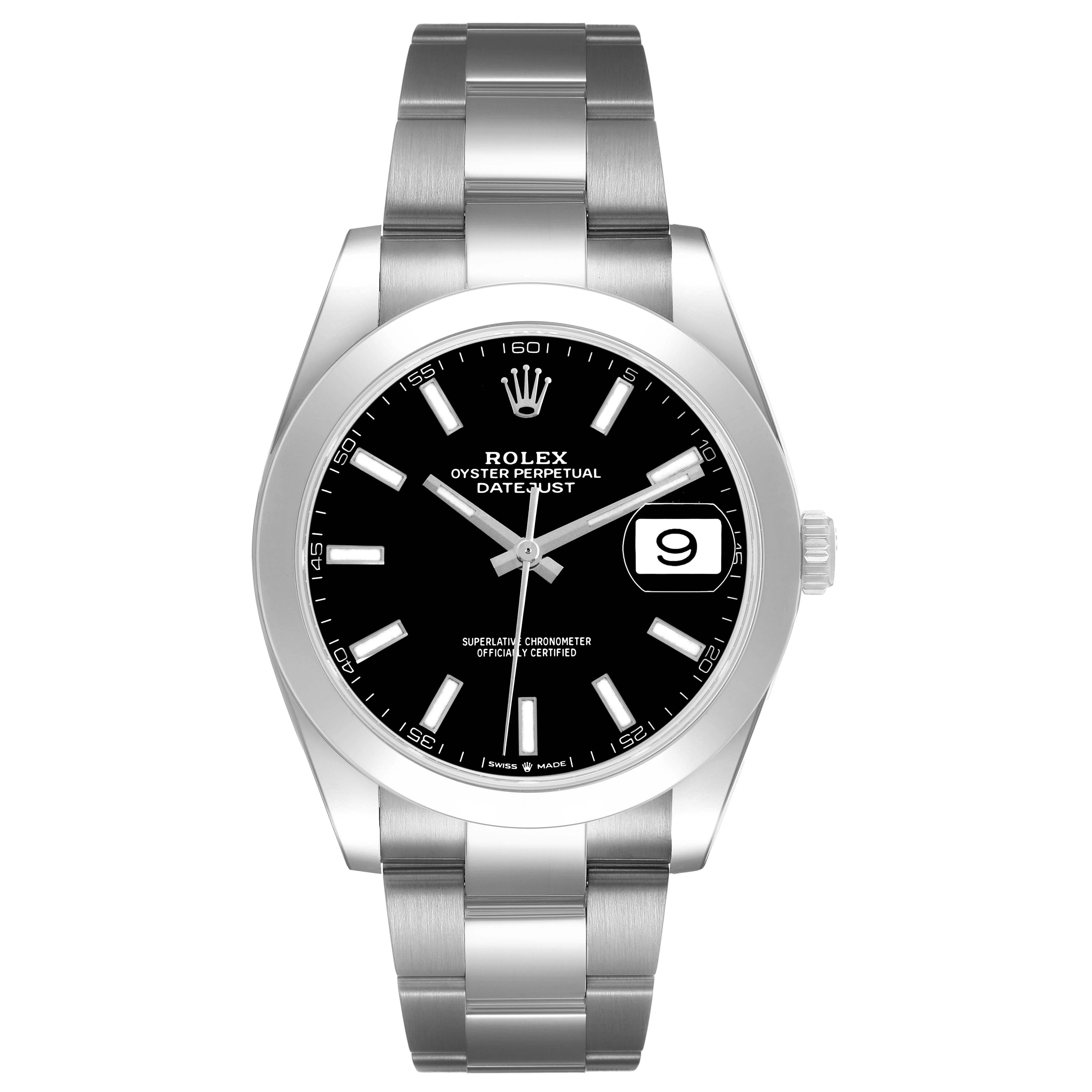The Rolex Datejust 41 126300 Men's Stainless Steel Black Dial is shown from a front angle, displaying the dial, bezel, and bracelet.