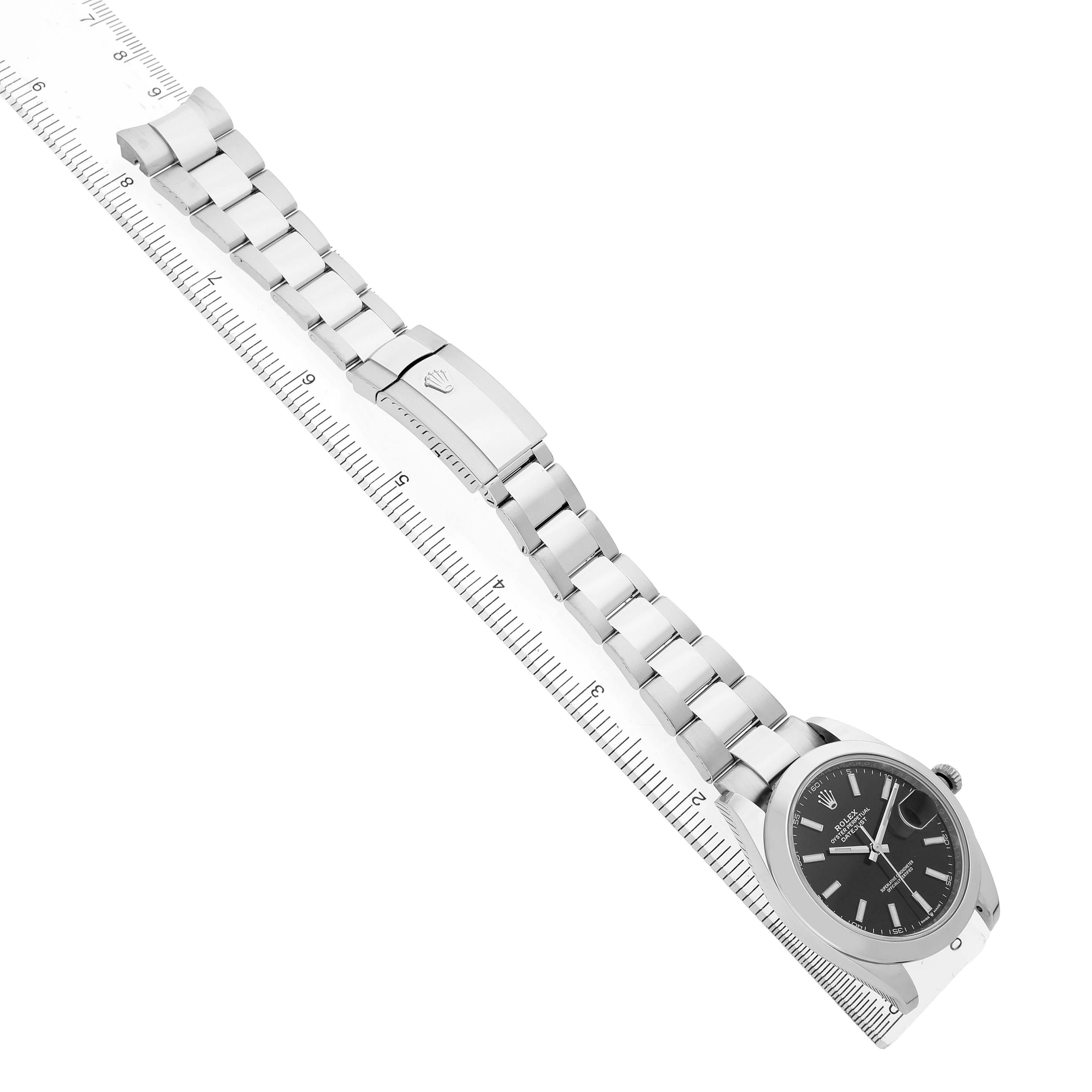 The Rolex Datejust 41 126300 Men's Stainless Steel Black Dial watch is shown at an angled view, displaying the bracelet, clasp, and dial.