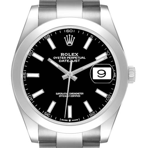 The Rolex Datejust 41 126300 Men's Stainless Steel Black Dial is shown from the front, highlighting its black dial, silver hour markers, and date window at 3 o'clock.
