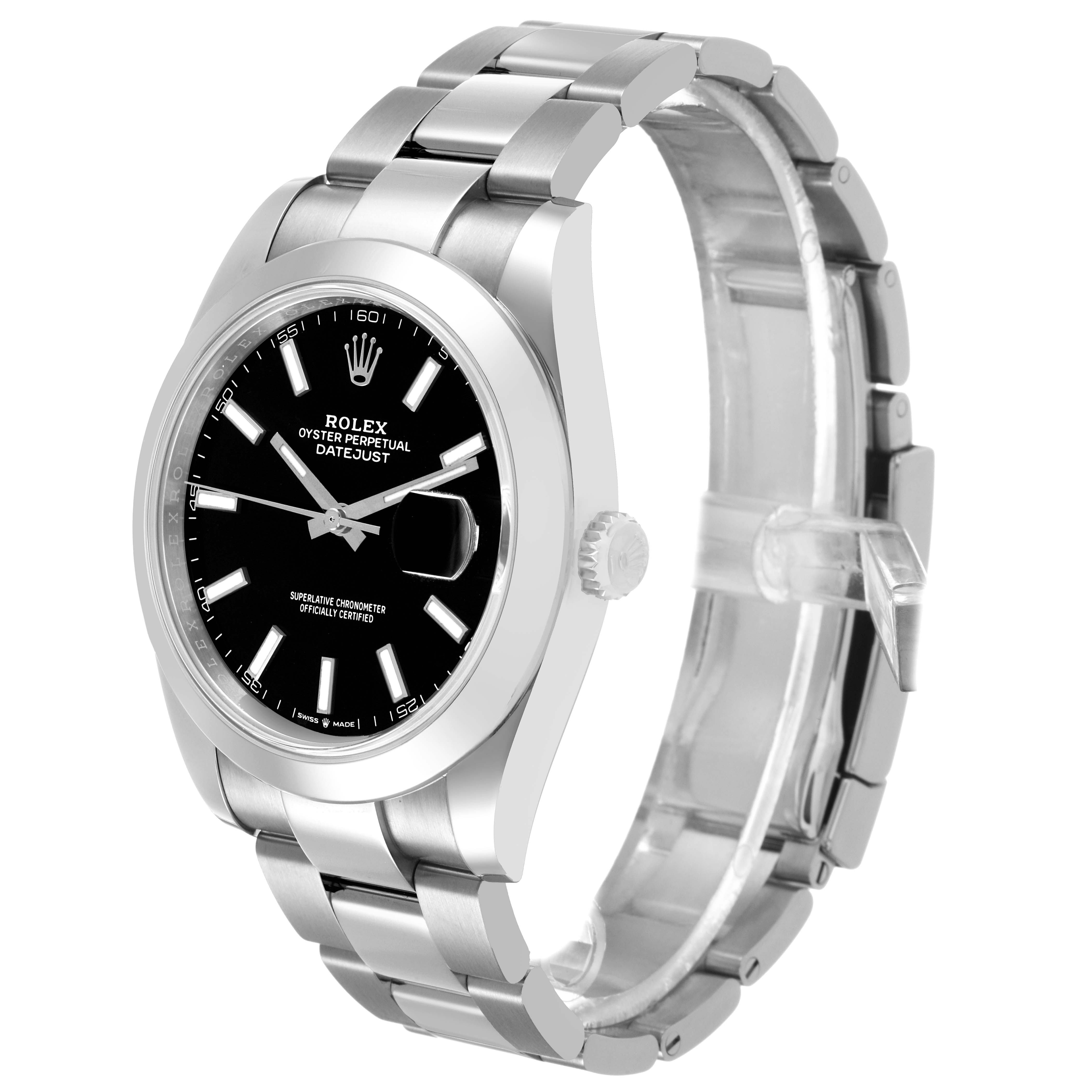 The Rolex Datejust 41 126300 Men's Stainless Steel Black Dial is shown at a three-quarter angle, highlighting the face, case, clasp, and part of the bracelet.