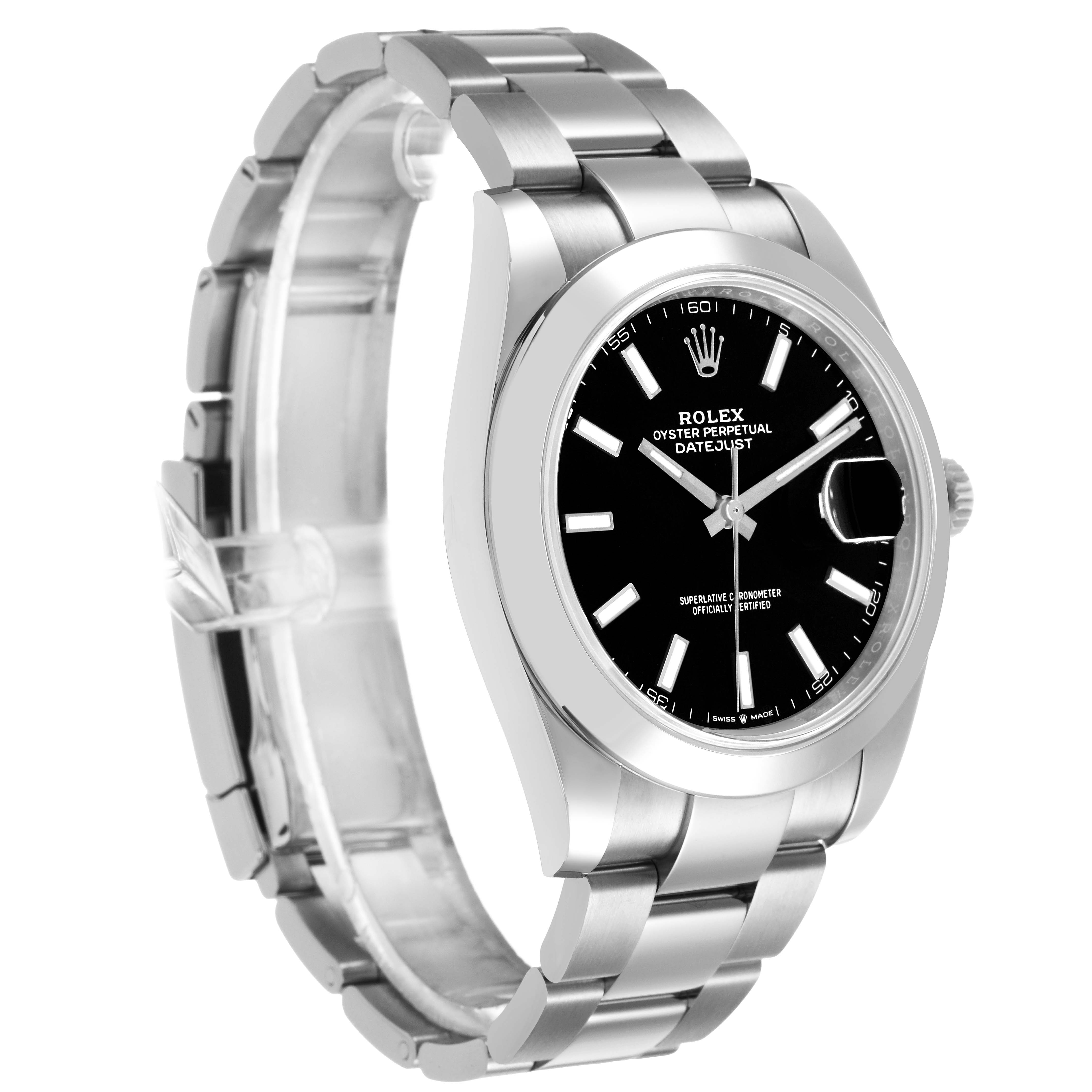 The Rolex Datejust 41 126300 Men's Stainless Steel Black Dial is shown at an oblique angle highlighting the dial, bracelet, and case.