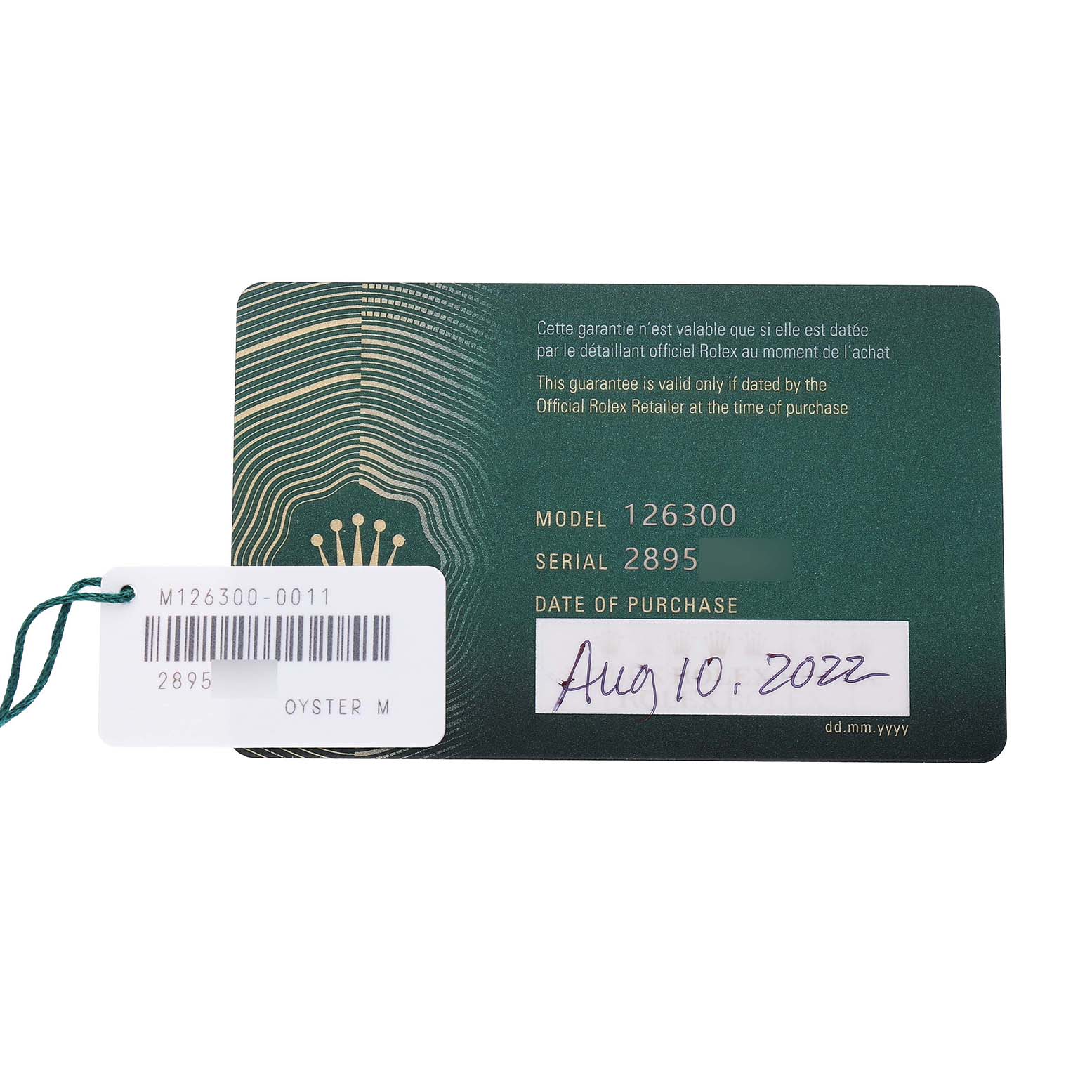 The image shows a warranty card and tag for a Rolex Datejust 41 126300 Men's Stainless Steel Black Dial, featuring model and serial numbers.
