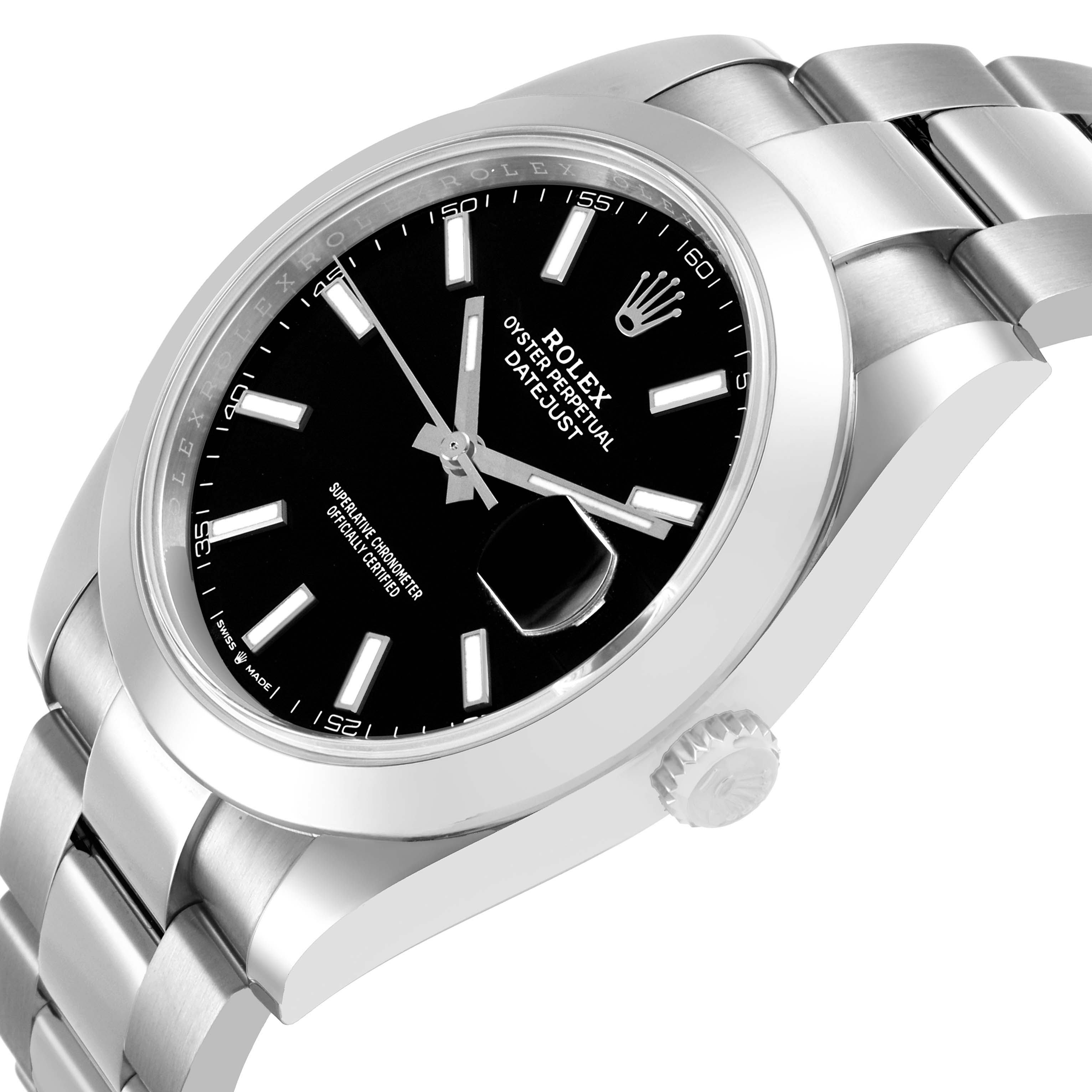The photo shows a Rolex Datejust 41 126300 Men's Stainless Steel Black Dial from a side angle, highlighting the black dial, bezel, crown, and part of the bracelet.