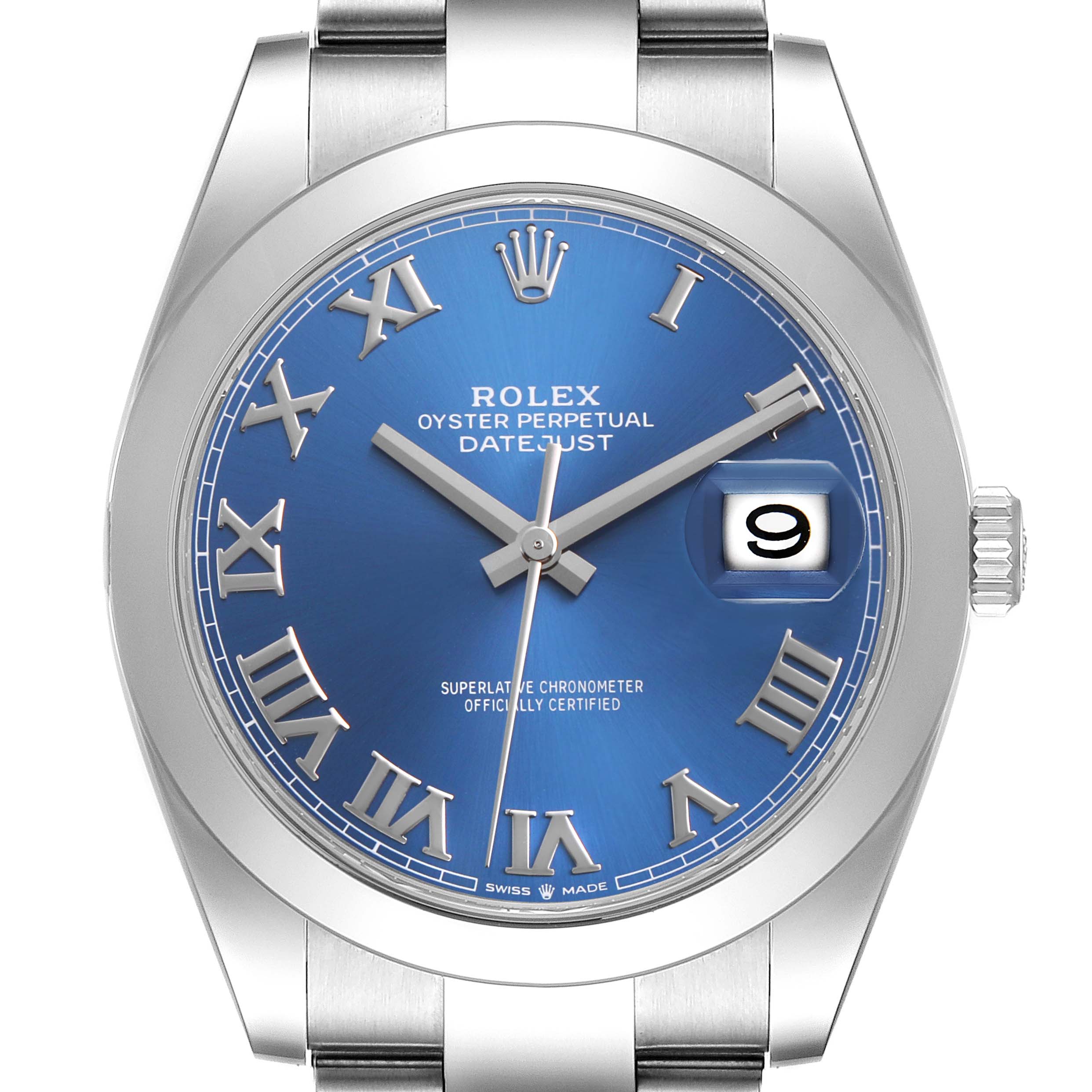 The Rolex Datejust 41 126300 Men's Stainless Steel Blue Dial is shown from a front angle, highlighting the blue dial, Roman numerals, date window, and oyster bracelet.