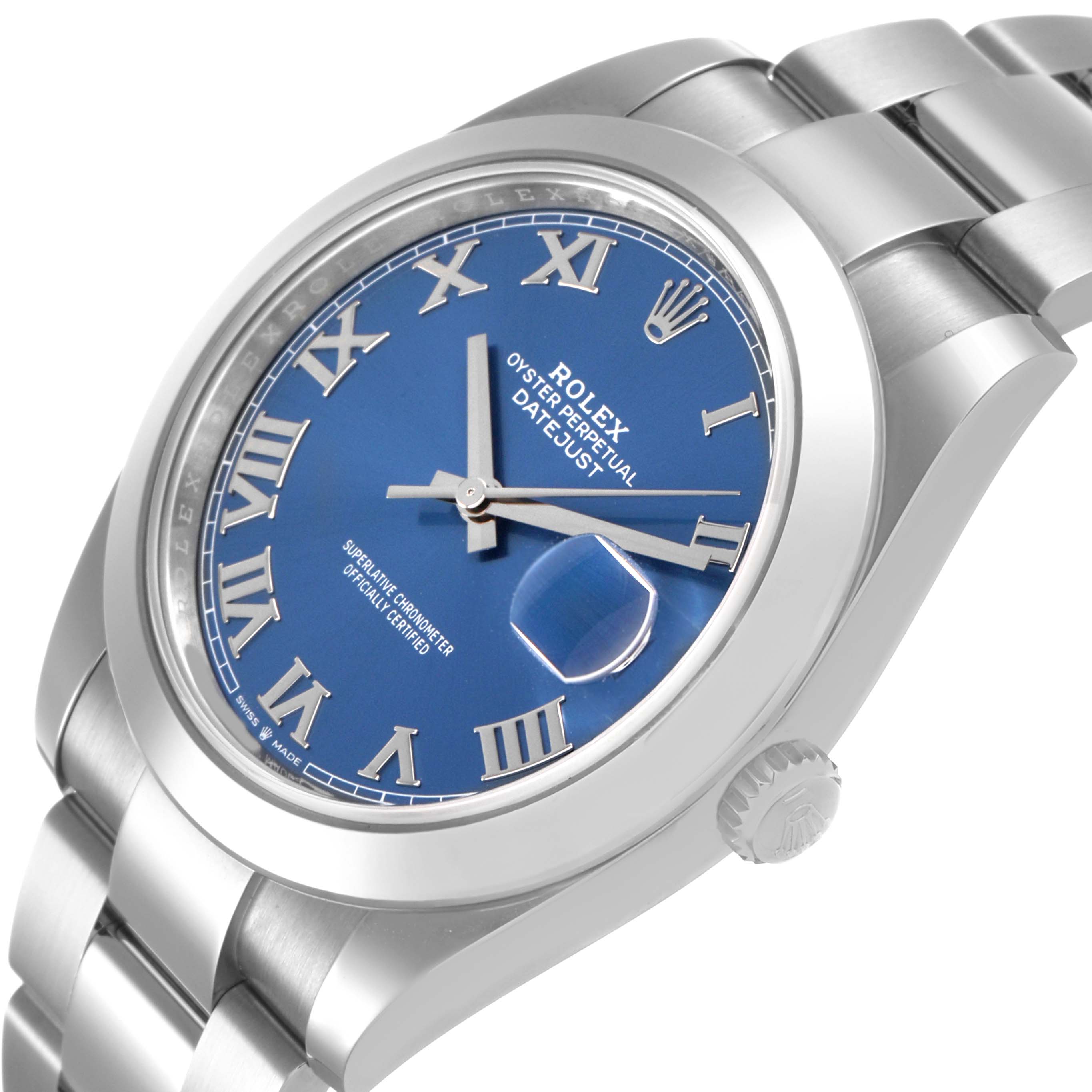 The Rolex Datejust 41 126300 Men's Stainless Steel Blue Dial is shown at a three-quarter angle, highlighting the blue dial, Roman numerals, bezel, and bracelet.