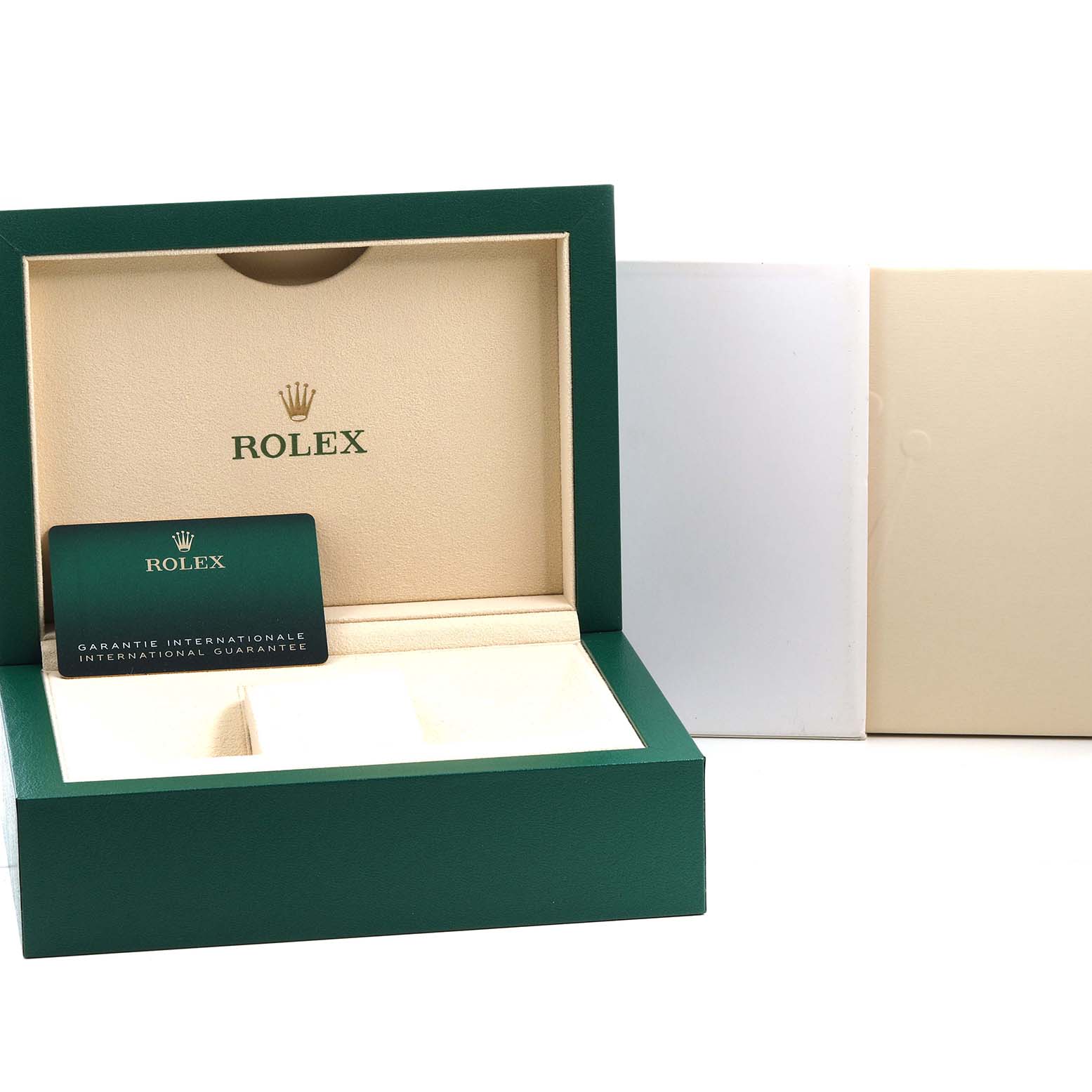 The image shows a Rolex Datejust 41 126300 Men's Stainless Steel Blue Dial watch box, open to reveal the interior and a guarantee card.