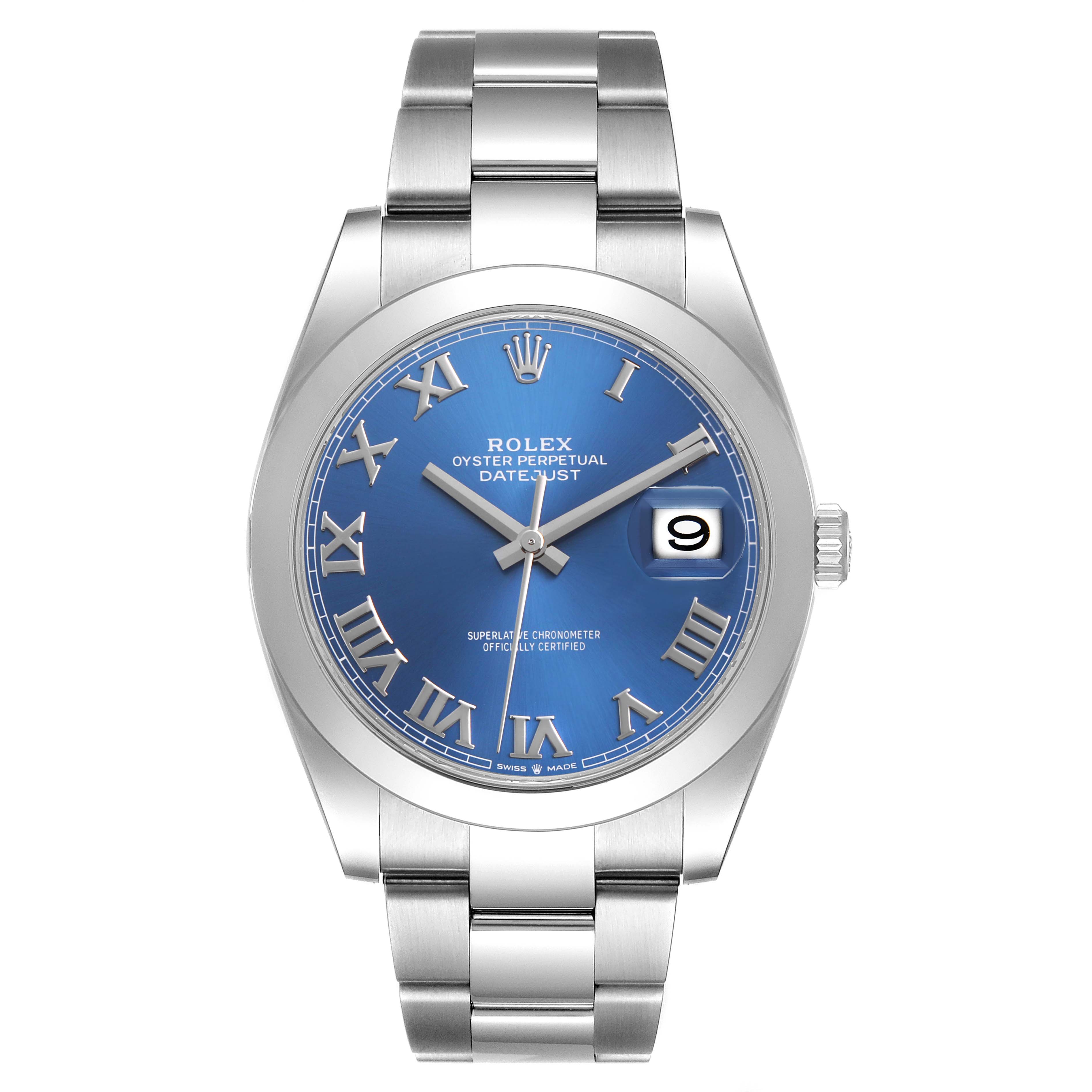 The Rolex Datejust 41 126300 Men's Stainless Steel Blue Dial is shown from a straight-on angle, highlighting the dial, bracelet, and bezel.