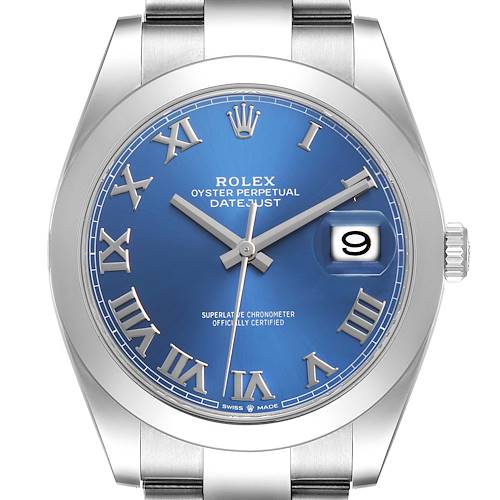 The Rolex Datejust 41 126300 Men's Stainless Steel Blue Dial is shown from a front angle displaying the blue dial, Roman numerals, and date window.