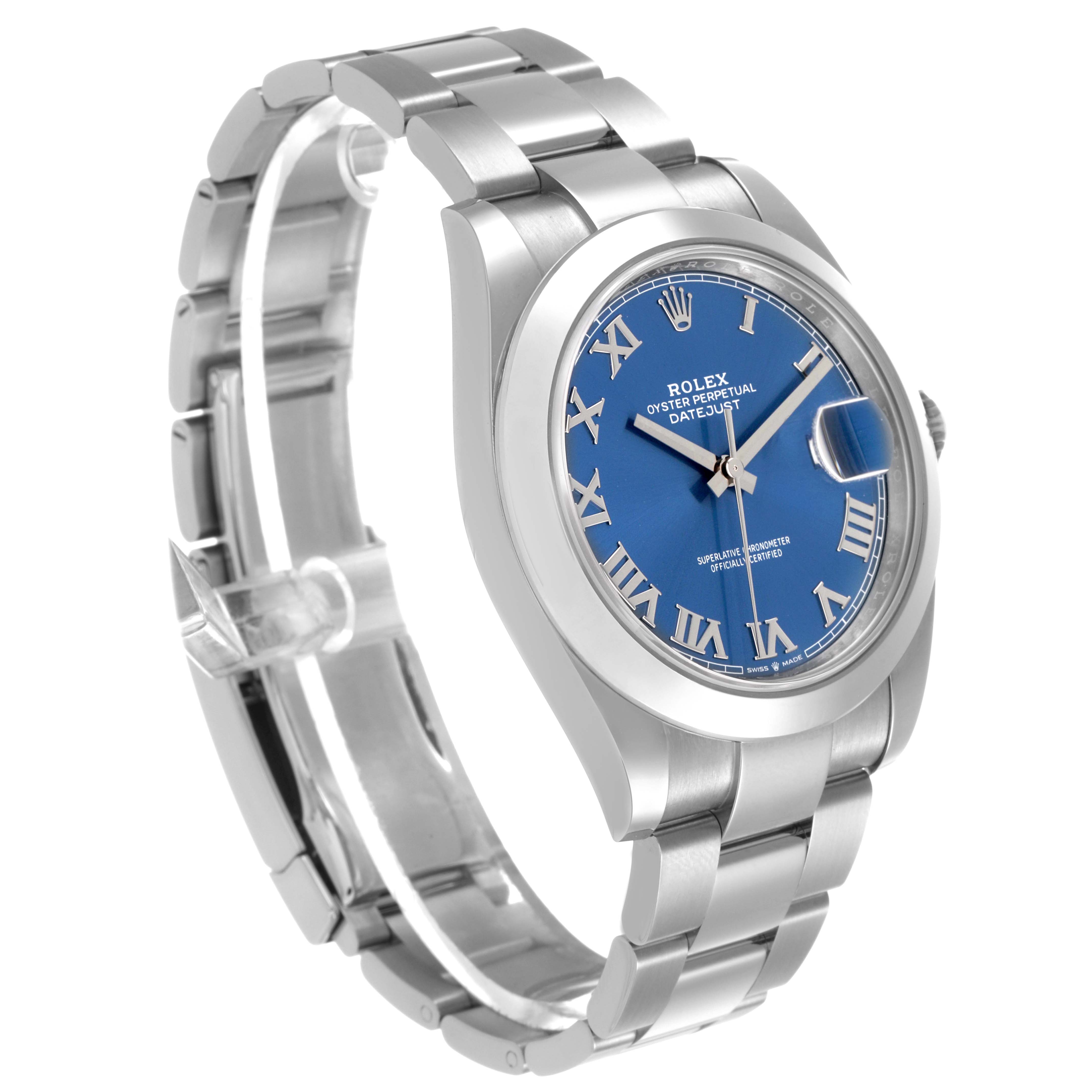 The Rolex Datejust 41 126300 Men's Stainless Steel Blue Dial is shown at a three-quarter angle, highlighting its blue dial, Roman numerals, case, and bracelet.