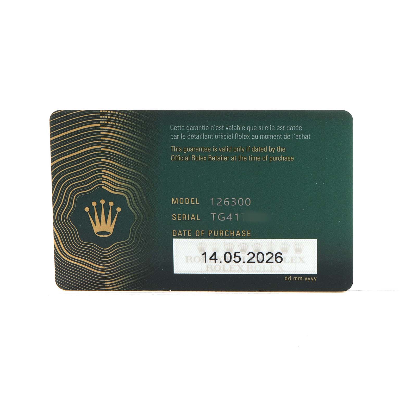 The image shows a warranty card for a Rolex Datejust 41 126300 Men's Stainless Steel Blue Dial, indicating the model and serial number.