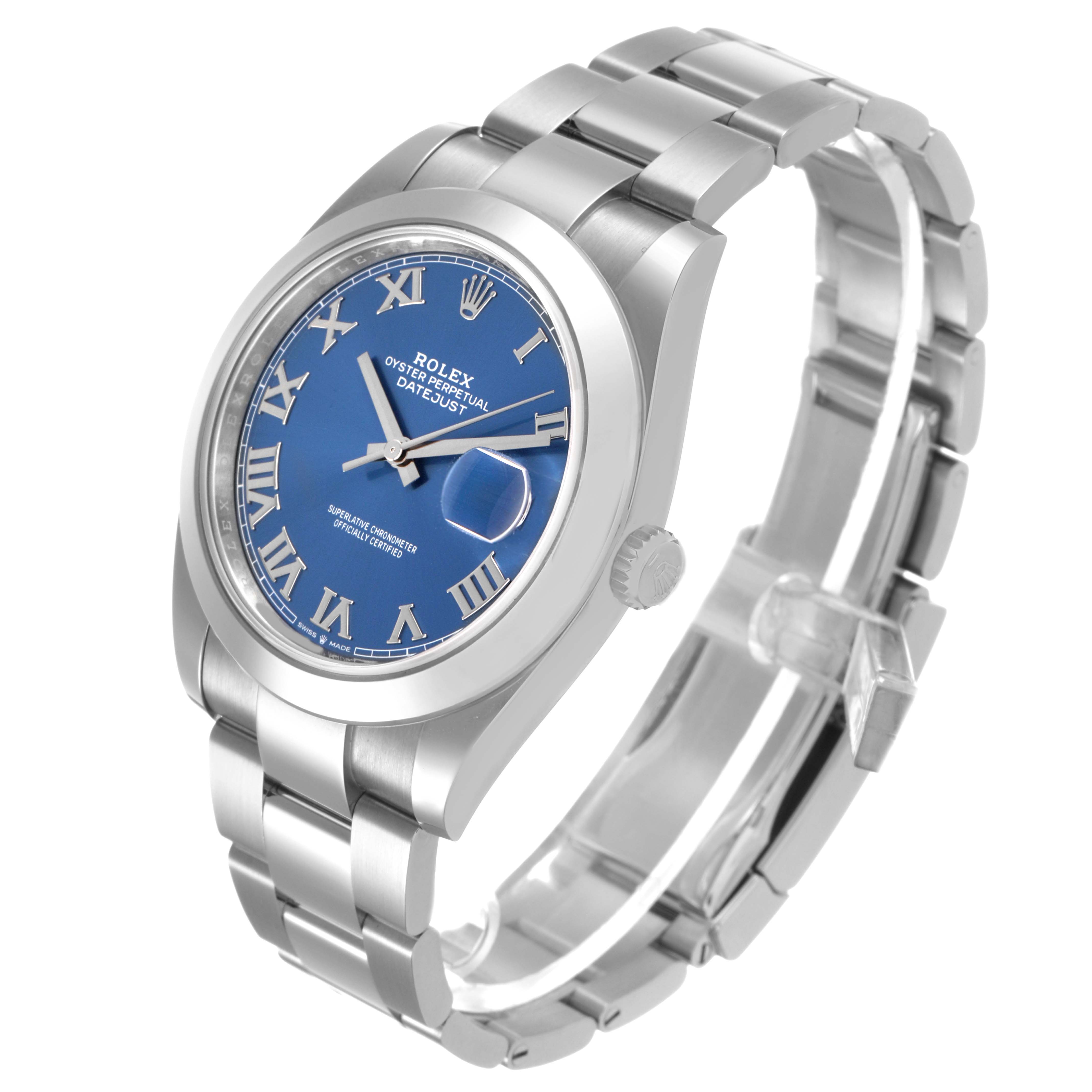 The Rolex Datejust 41 126300 Men's Stainless Steel Blue Dial watch is shown at a 3/4 angle, highlighting the blue dial, stainless steel bracelet, and fluted bezel.