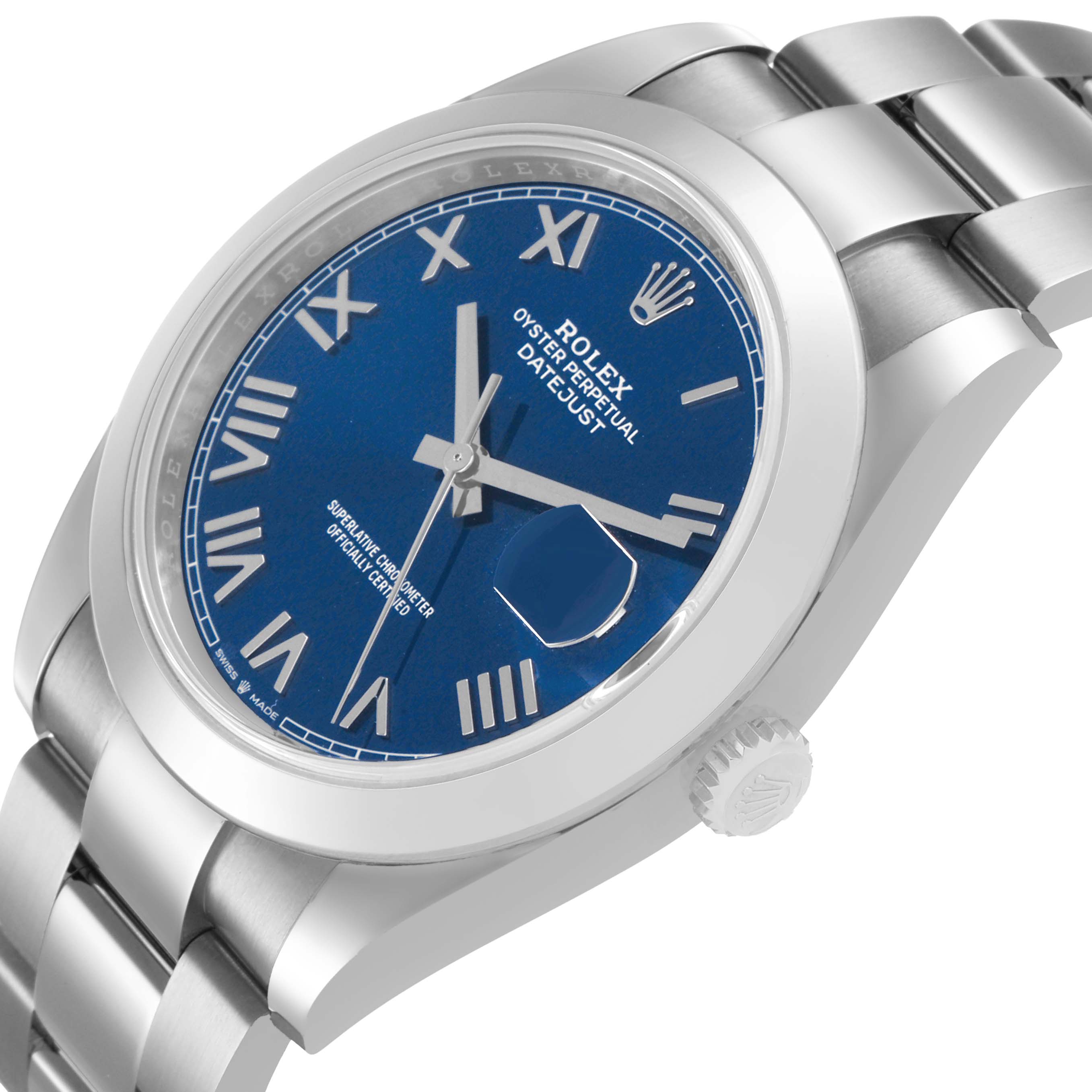 The Rolex Datejust 41 126300 Men's Stainless Steel Blue Dial is shown at a tilted angle, highlighting the blue dial, Roman numerals, and part of the bracelet.
