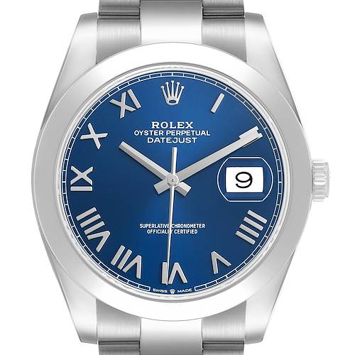 The Rolex Datejust 41 126300 Men's Stainless Steel Blue Dial watch is shown from a top-down angle, highlighting the dial, hands, crown, and part of the bracelet.
