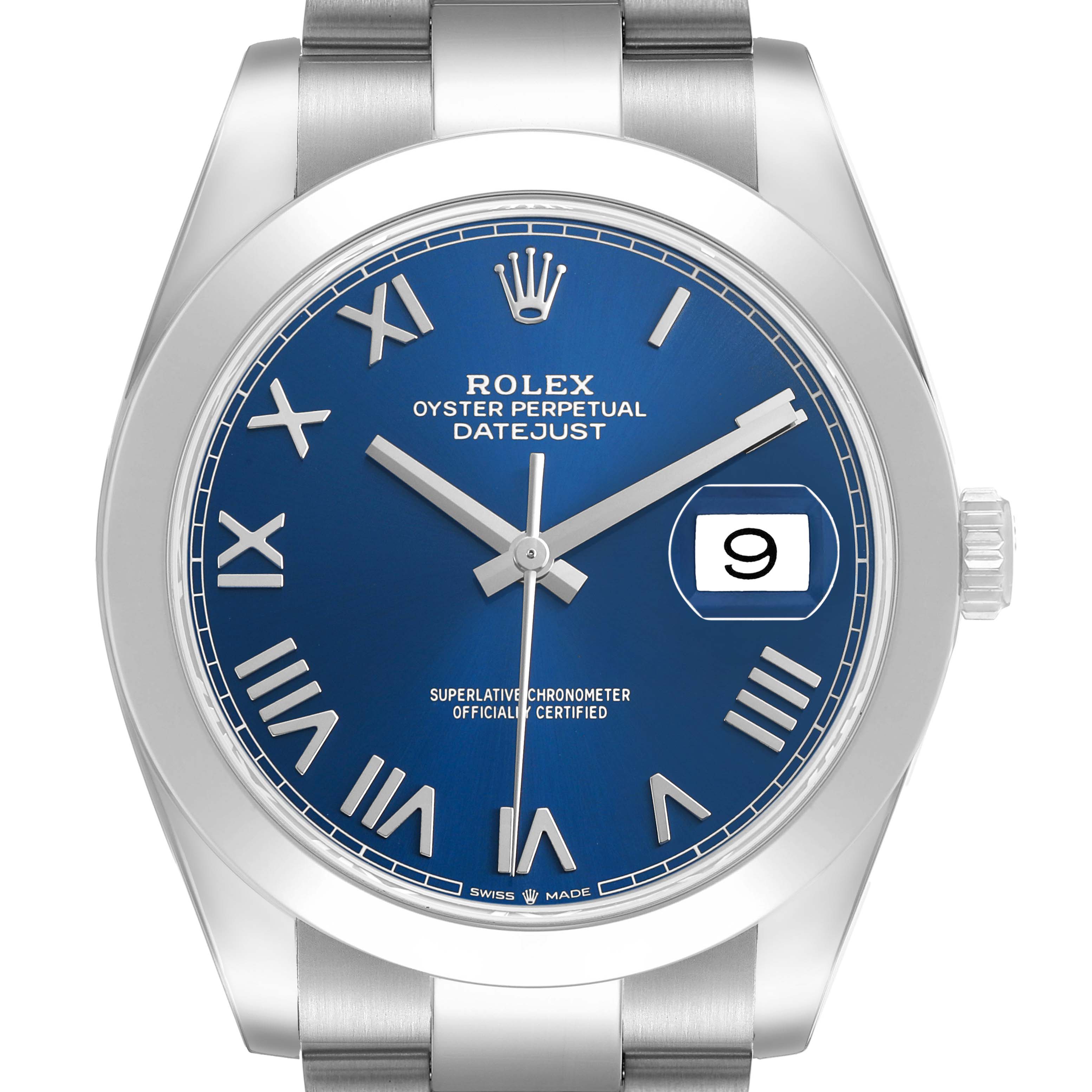 The Rolex Datejust 41 126300 Men's Stainless Steel Blue Dial watch is shown from the front, highlighting its blue dial, Roman numerals, and date feature.