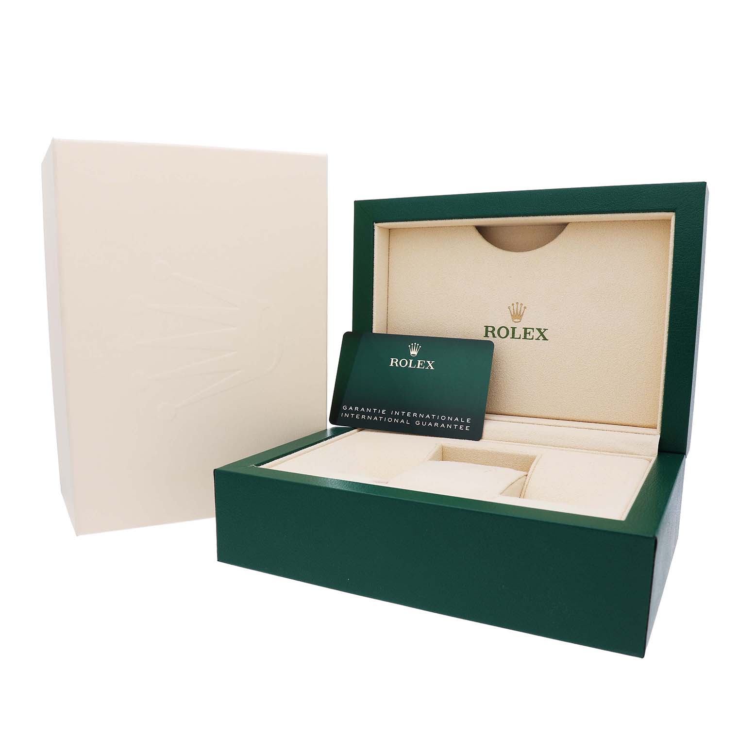 The image shows the packaging for a Rolex Datejust 41 126300 Men's Stainless Steel Blue Dial, featuring an open green box and a guarantee card.