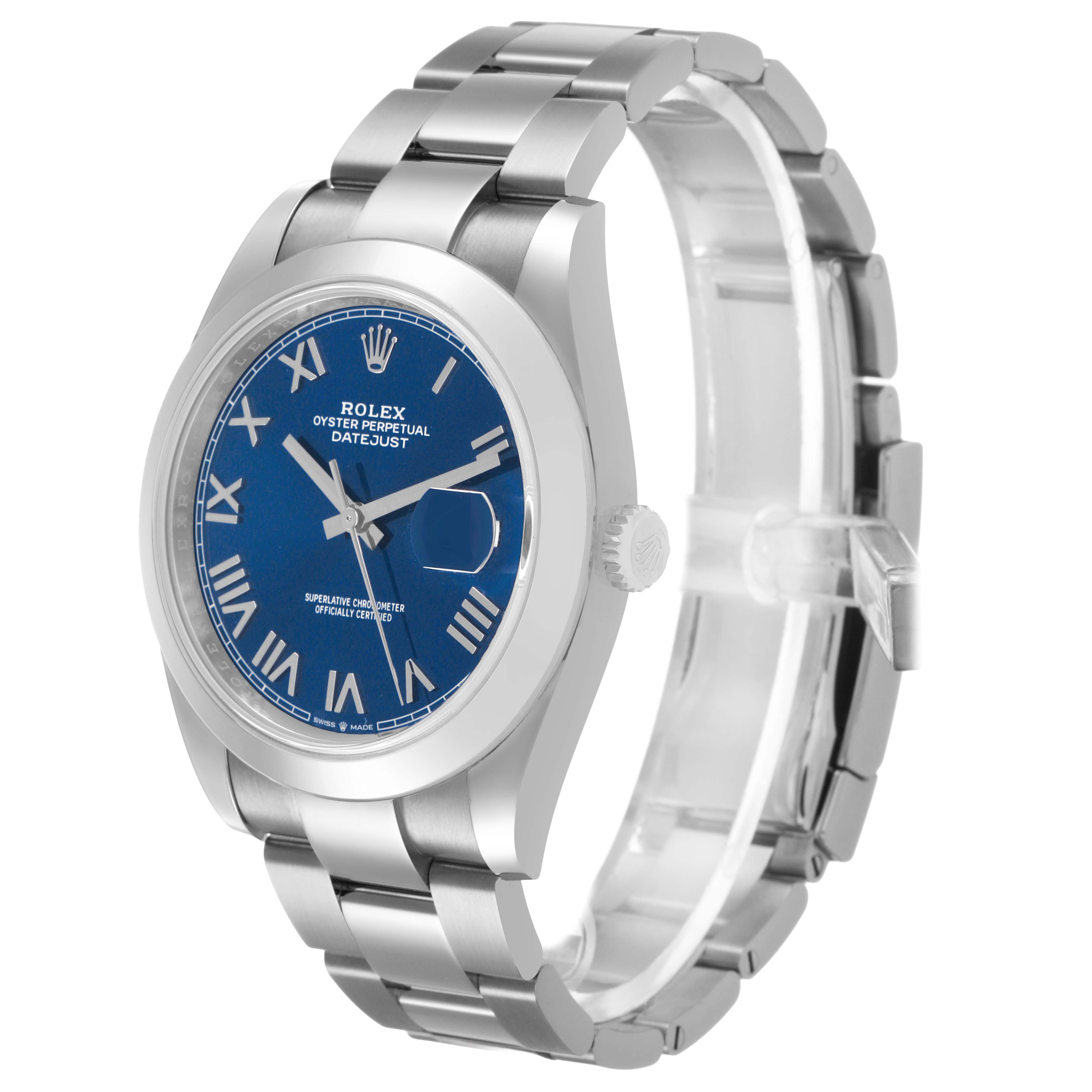 The Rolex Datejust 41 126300 Men's Stainless Steel Blue Dial is shown from a three-quarter angle, displaying the dial, bezel, bracelet, and crown.