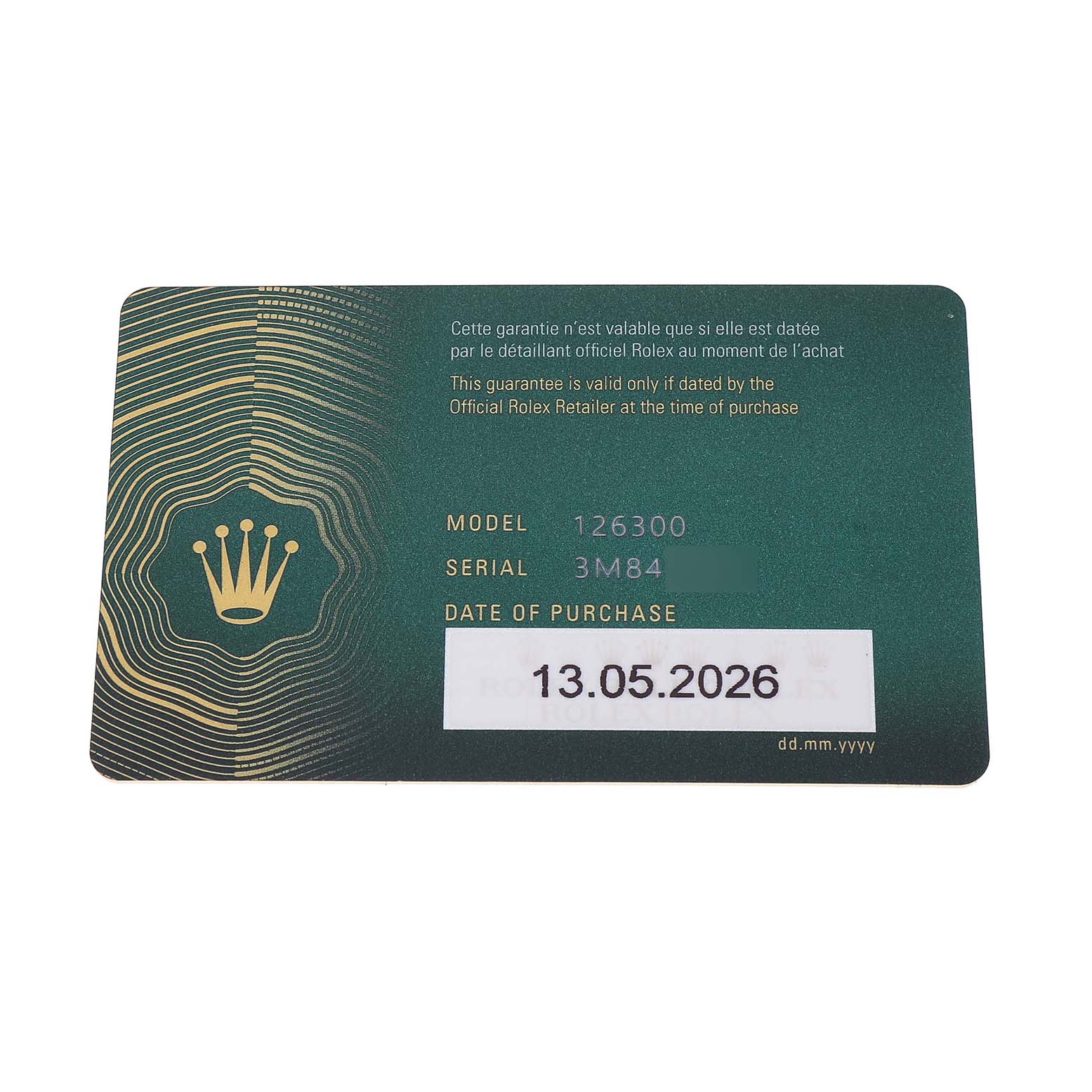 The image shows a guarantee card for the Rolex Datejust 41 126300 Men's Stainless Steel Blue Dial model, highlighting model, serial number, and purchase date.