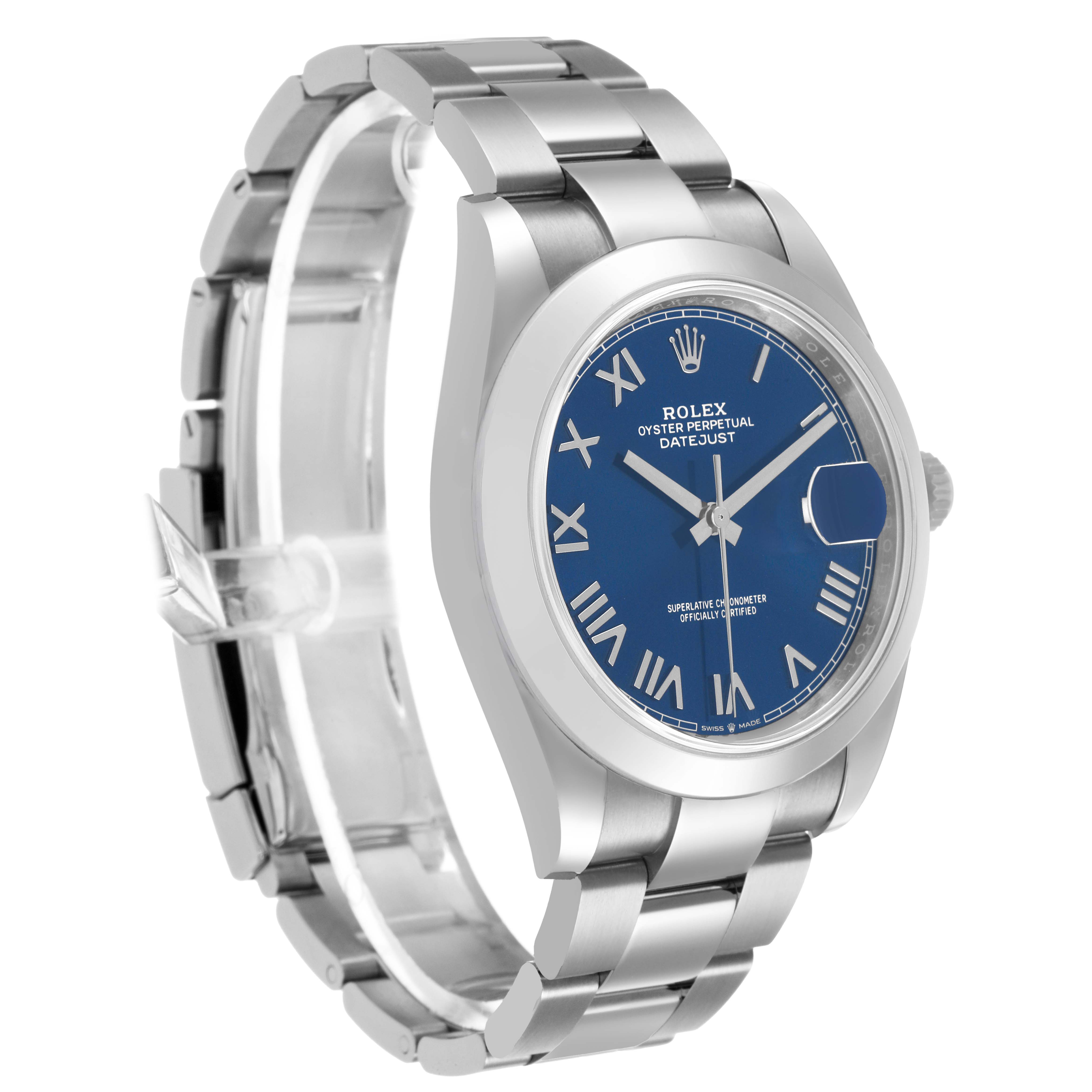 The Rolex Datejust 41 126300 Men's Stainless Steel Blue Dial is shown at a three-quarter angle, displaying the face, bezel, and part of the bracelet.