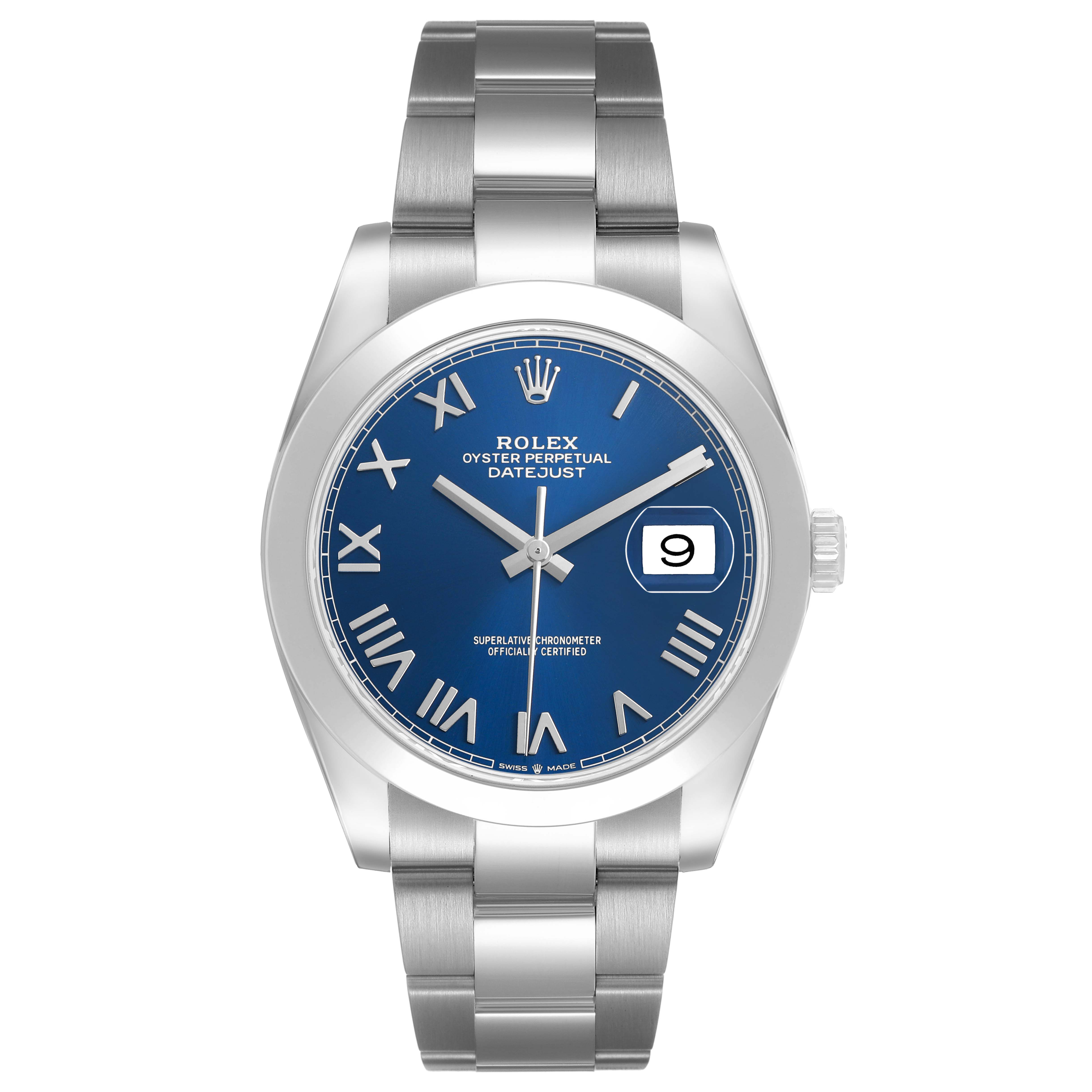 The Rolex Datejust 41 126300 Men's Stainless Steel Blue Dial is shown front-facing, displaying the blue dial, Roman numeral markers, and stainless steel bracelet.