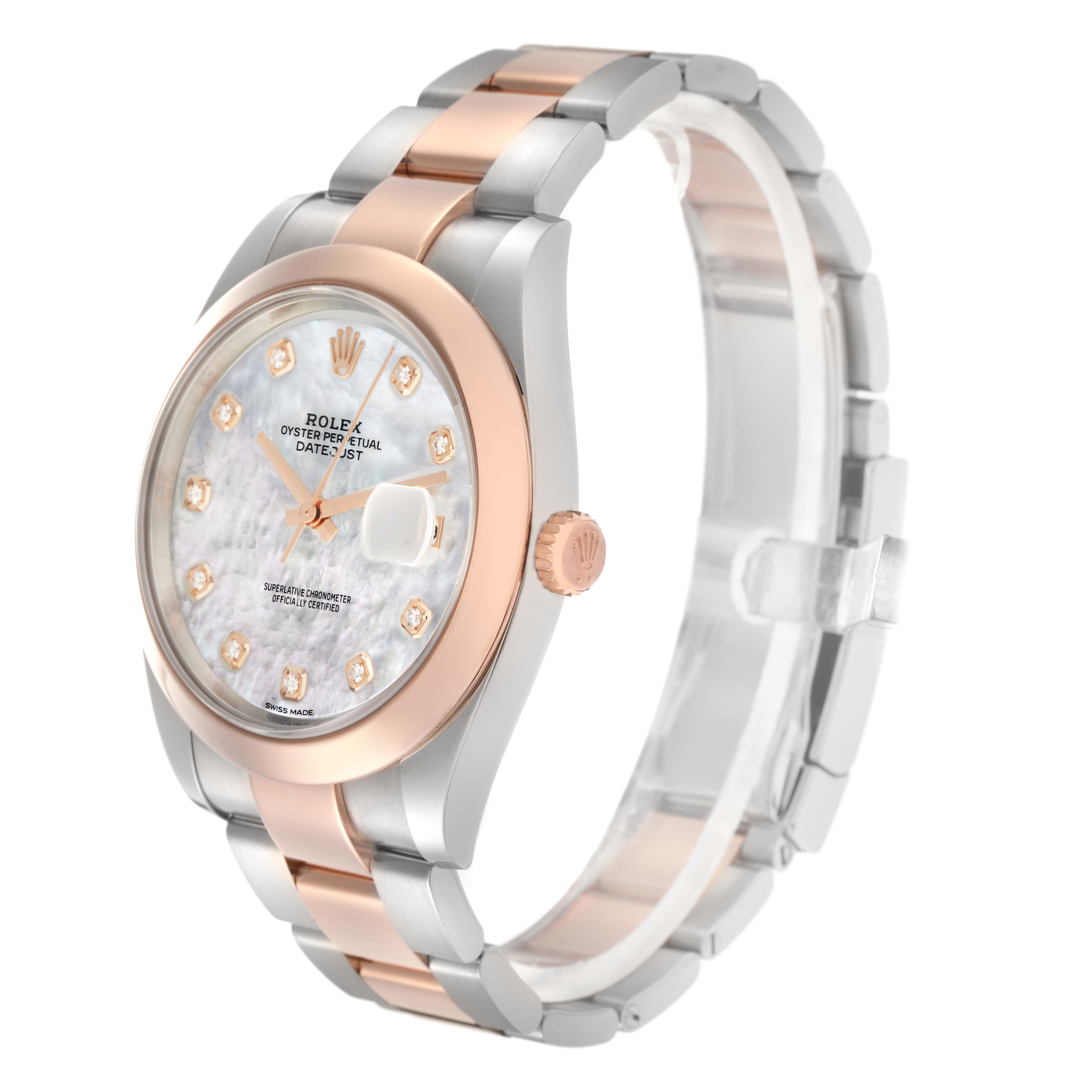 The Rolex Datejust 41 126301 Men
s Steel and Gold (two tone) Mother of Pearl Dial is shown at a three-quarter angle, highlighting the dial, bezel, crown, and part of the bracelet.