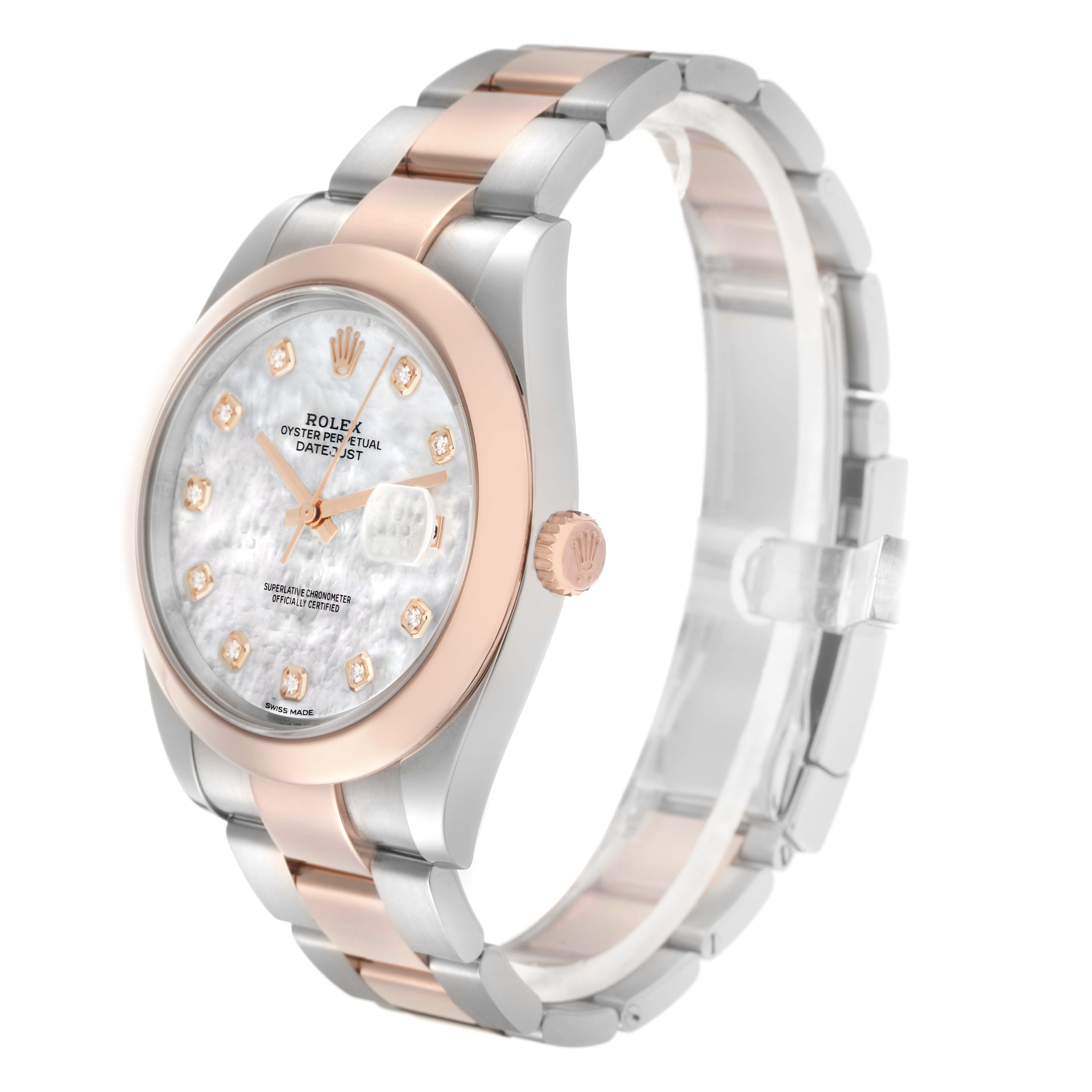 The Rolex Datejust 41 126301 Men's Steel and Gold (two tone) Mother of Pearl Dial is shown at a 3/4 angle, highlighting the dial, bezel, crown, and dual-tone bracelet.