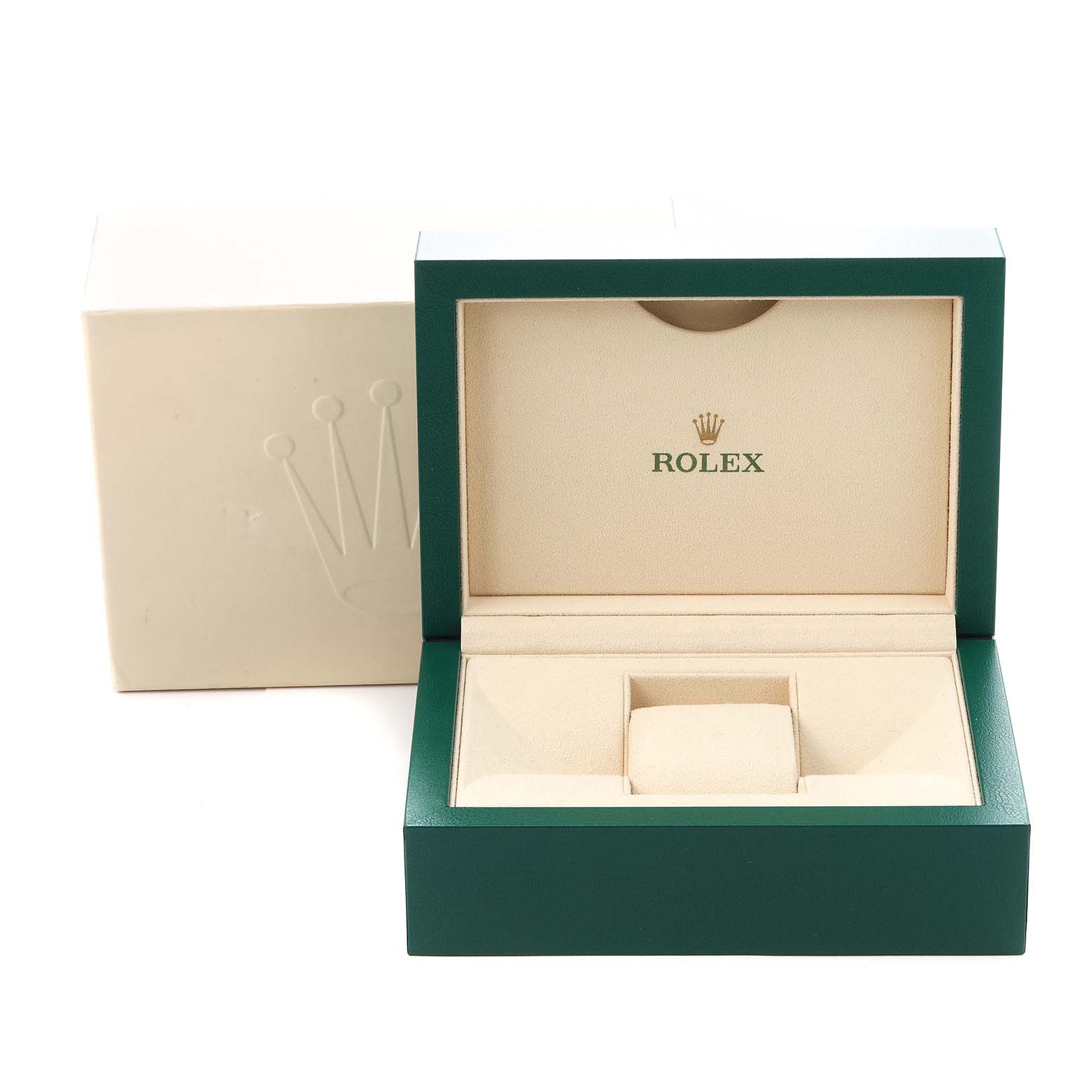 The image shows an empty open green and beige Rolex Datejust 41 126301 Men
s Steel and Gold (two tone) Mother of Pearl Dial watch box, with a separate outer cream box featuring the Rolex logo.