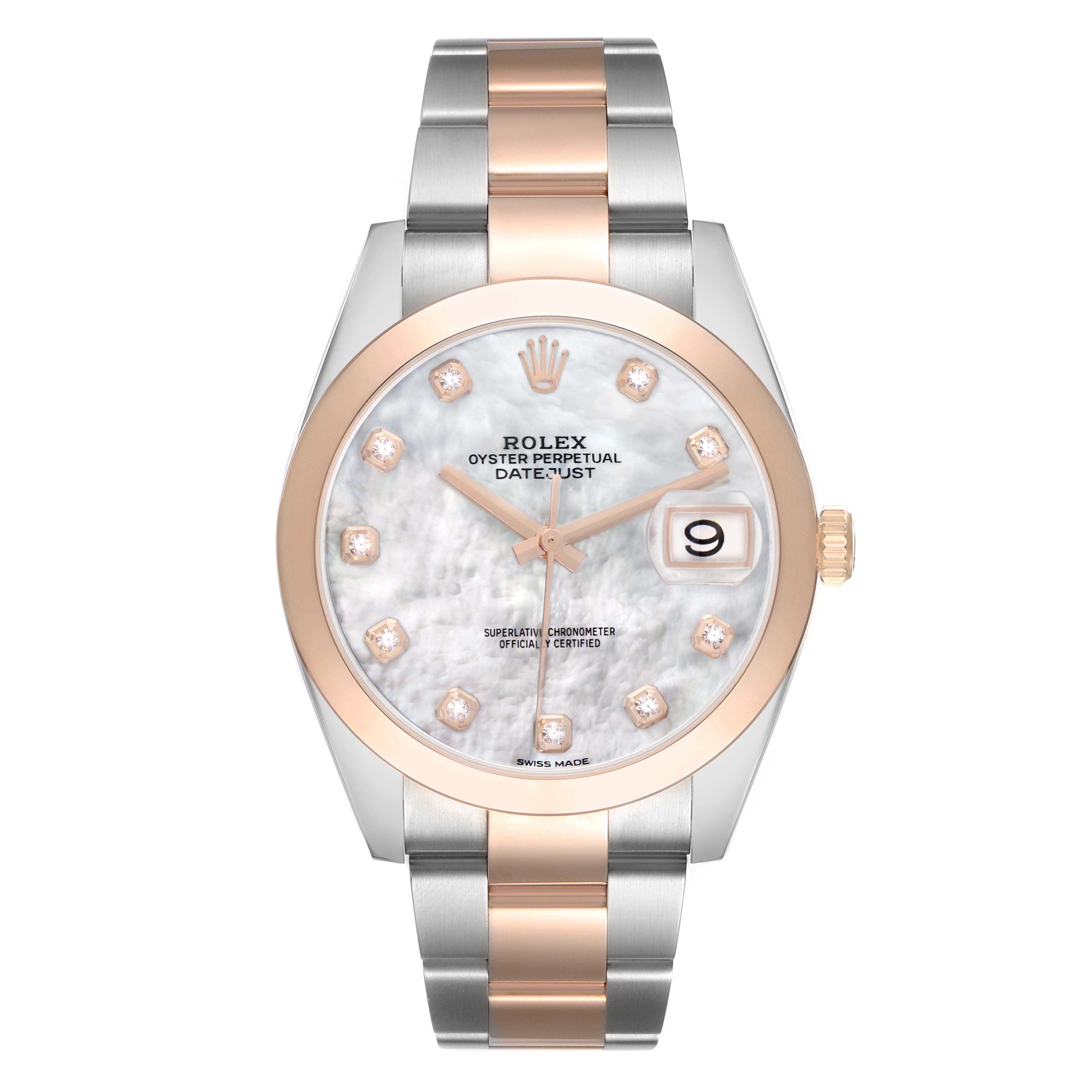 The Rolex Datejust 41 126301 Men's Steel and Gold (two tone) Mother of Pearl Dial is shown from a front angle, displaying its dial, bezel, bracelet, and date window.