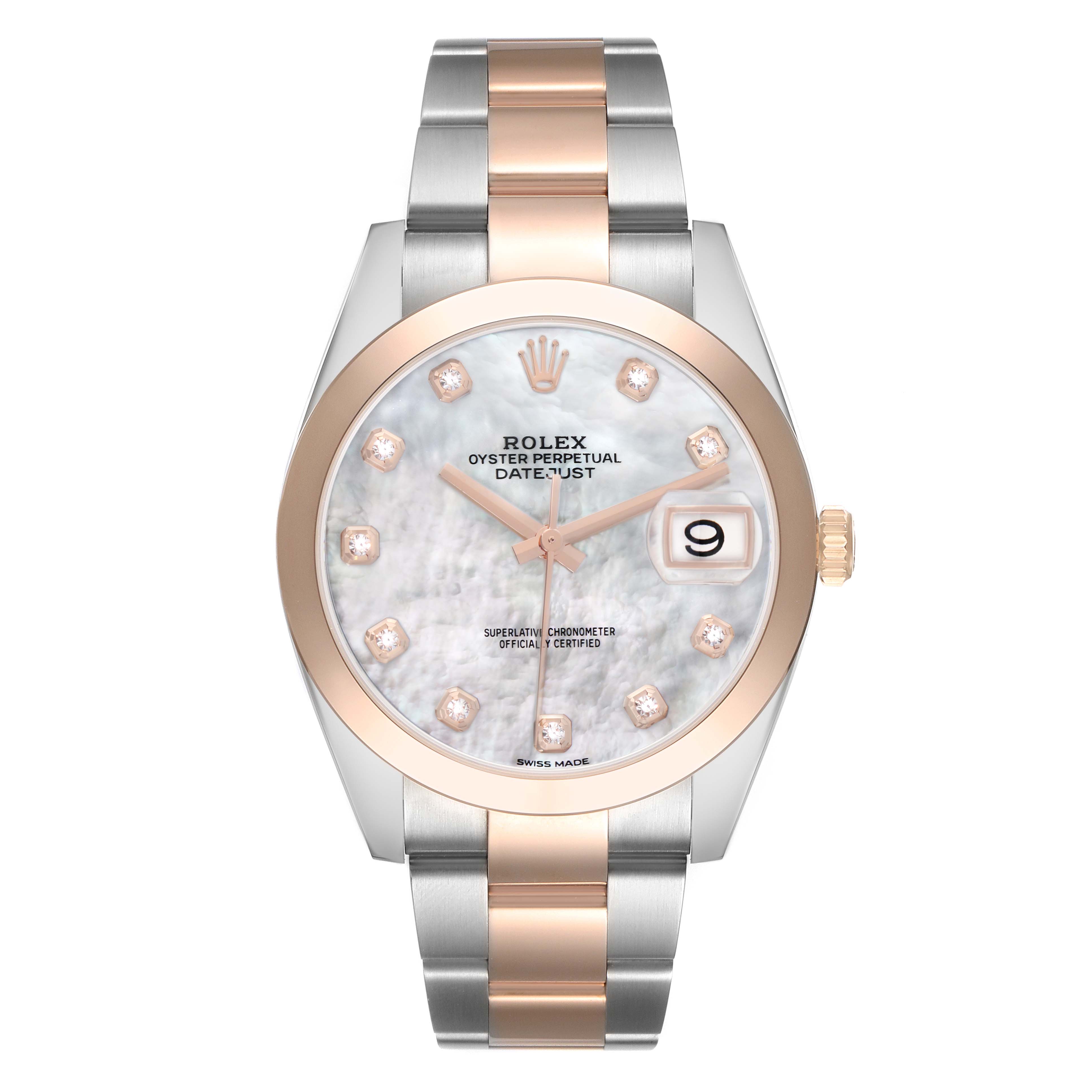 The Rolex Datejust 41 126301 Men
s Steel and Gold (two tone) Mother of Pearl Dial watch is shown from a front angle, displaying the dial, bezel, indices, hands, and bracelet.