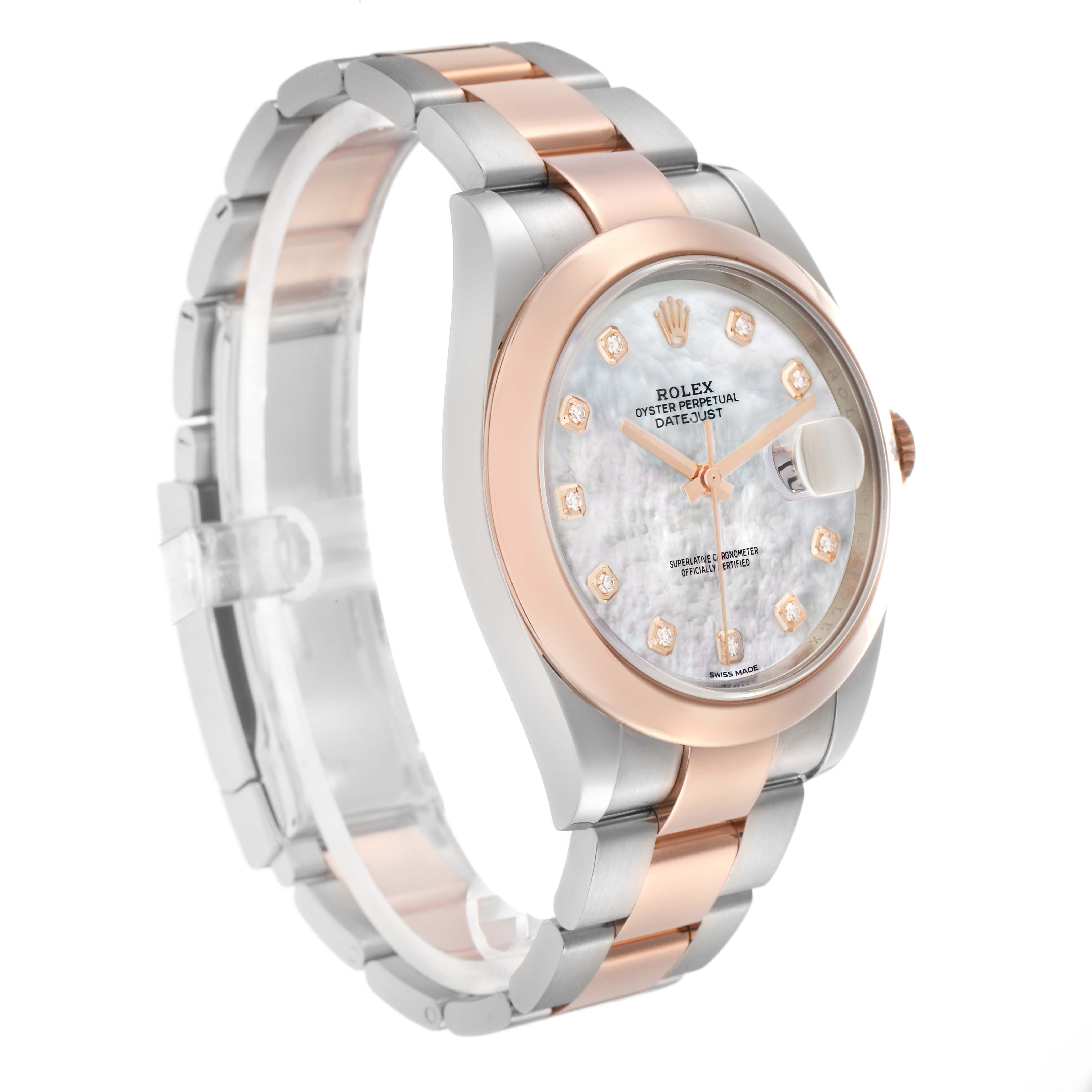 The Rolex Datejust 41 126301 Men
s Steel and Gold (two tone) Mother of Pearl Dial watch is shown at an angle highlighting the dial, bezel, and two-tone bracelet.