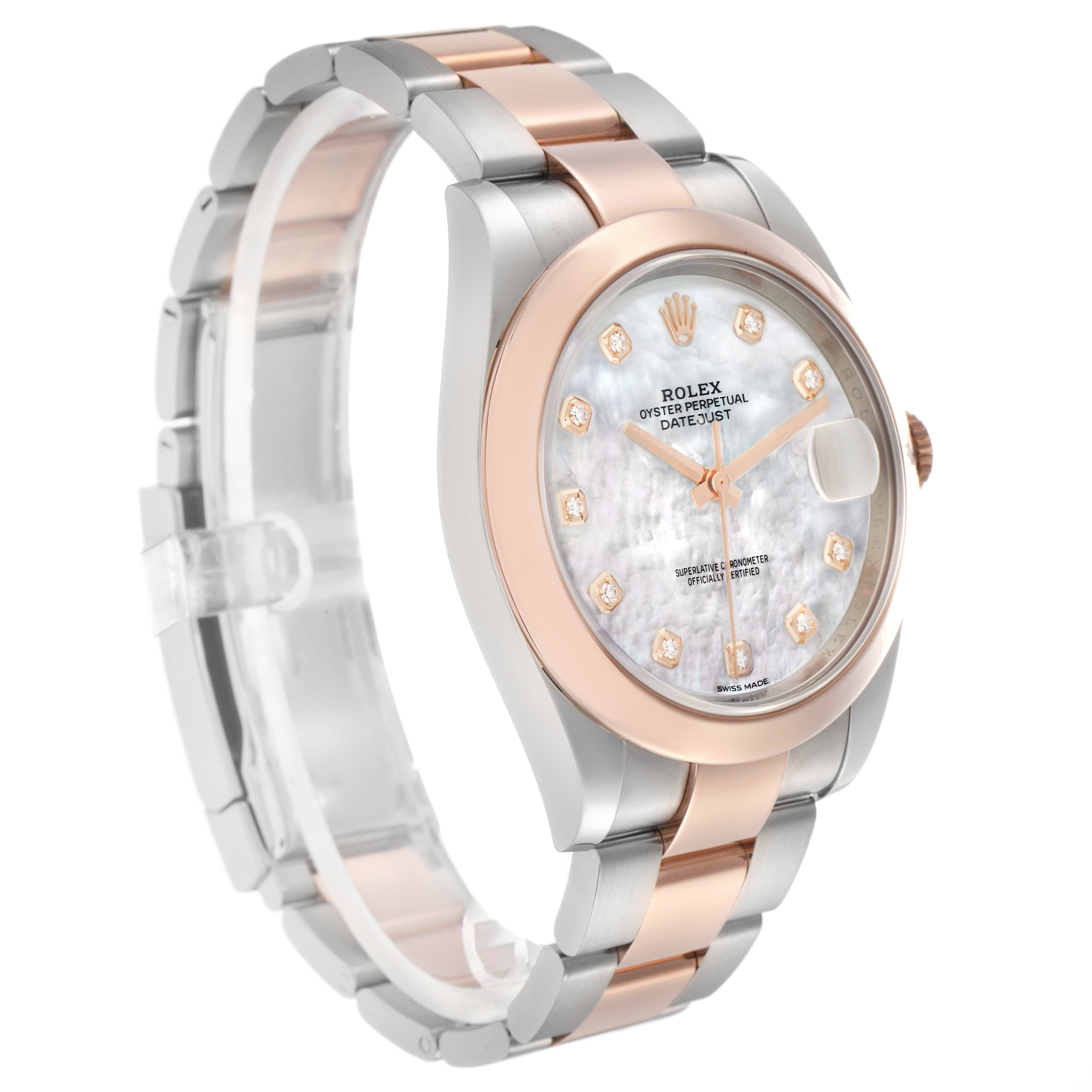 The Rolex Datejust 41 126301 Men's Steel and Gold (two tone) Mother of Pearl Dial is shown at a slight angle displaying the dial, bezel, and part of the bracelet.