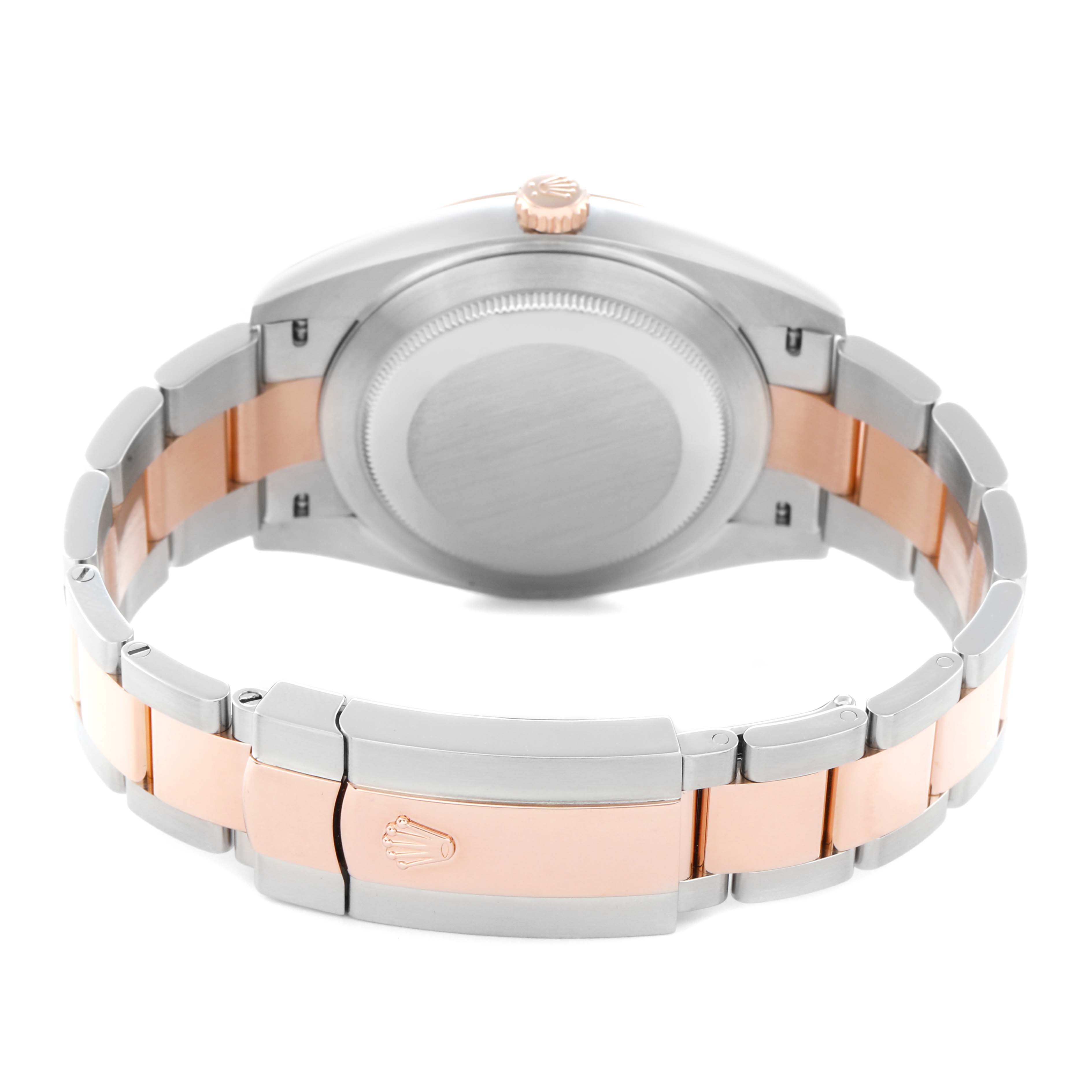 The image shows the back view of a Rolex Datejust 41 126301 Men
s Steel and Gold (two tone) Mother of Pearl Dial, highlighting the case back, crown, and two-tone bracelet clasp.