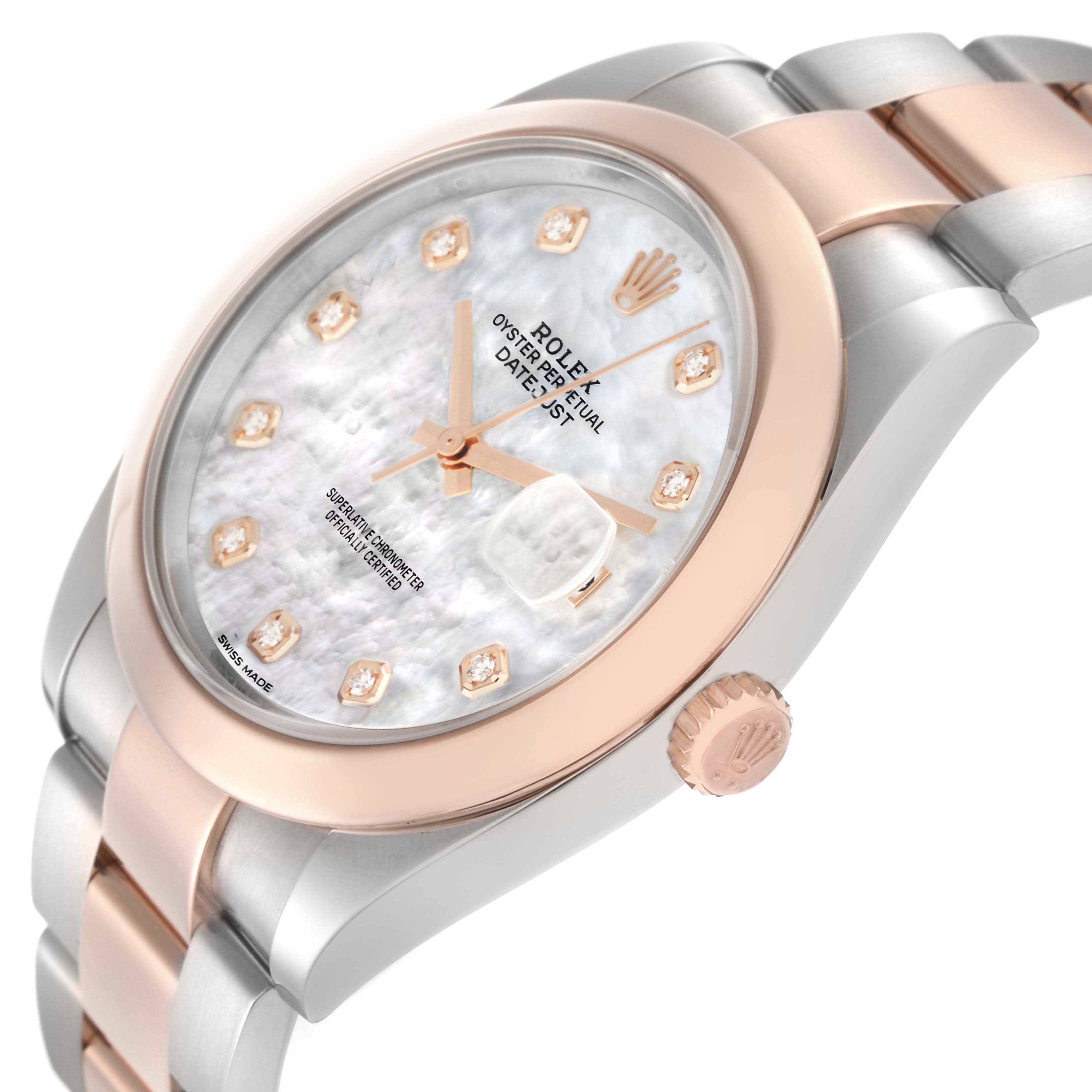 The Rolex Datejust 41 126301 Men's Steel and Gold (two tone) Mother of Pearl Dial is shown at a slight side angle, highlighting its rose gold bezel, crown, and two-tone bracelet.