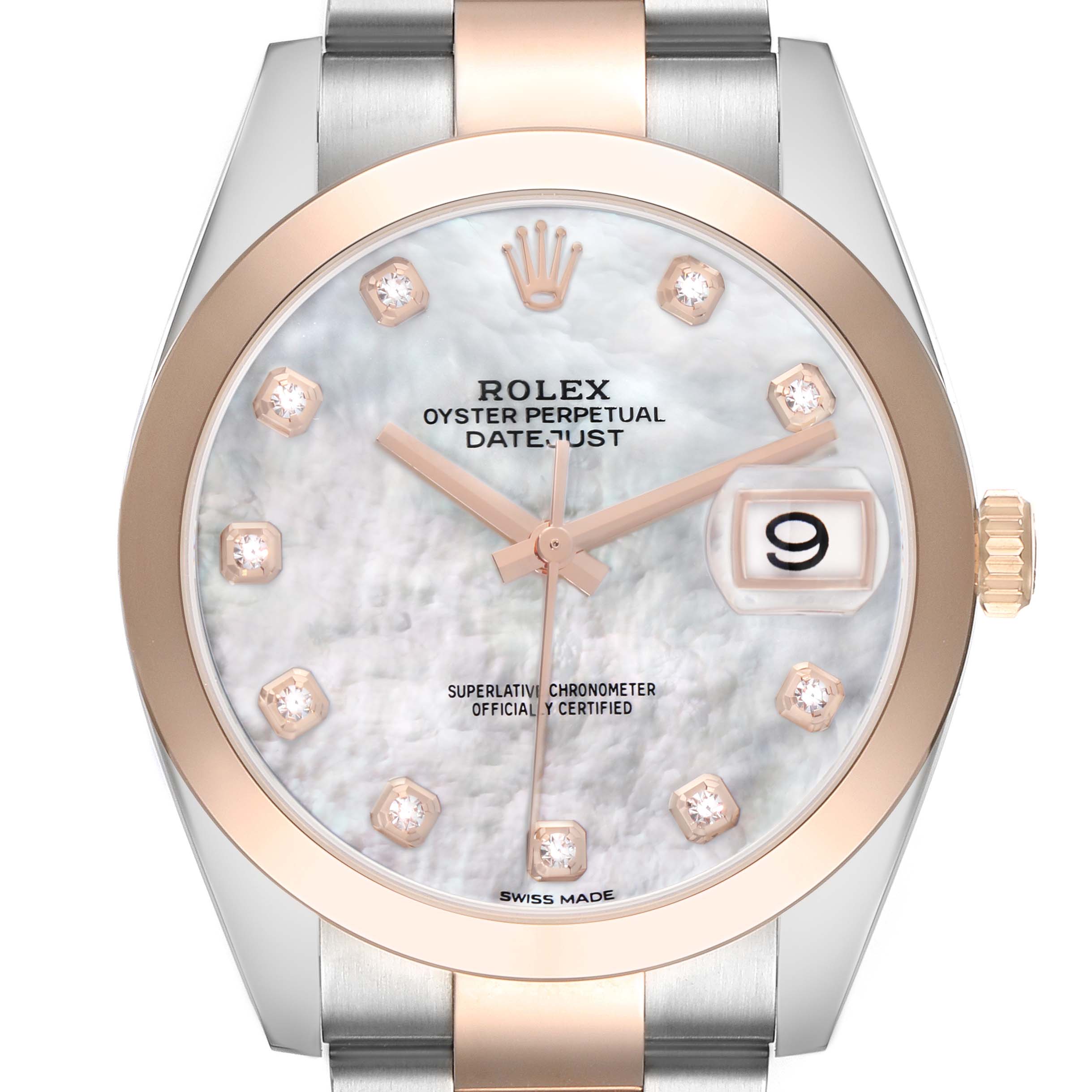 The Rolex Datejust 41 126301 Men
s Steel and Gold (two tone) Mother of Pearl Dial watch is shown from the front, highlighting its dial, bezel, crown, and part of the bracelet.