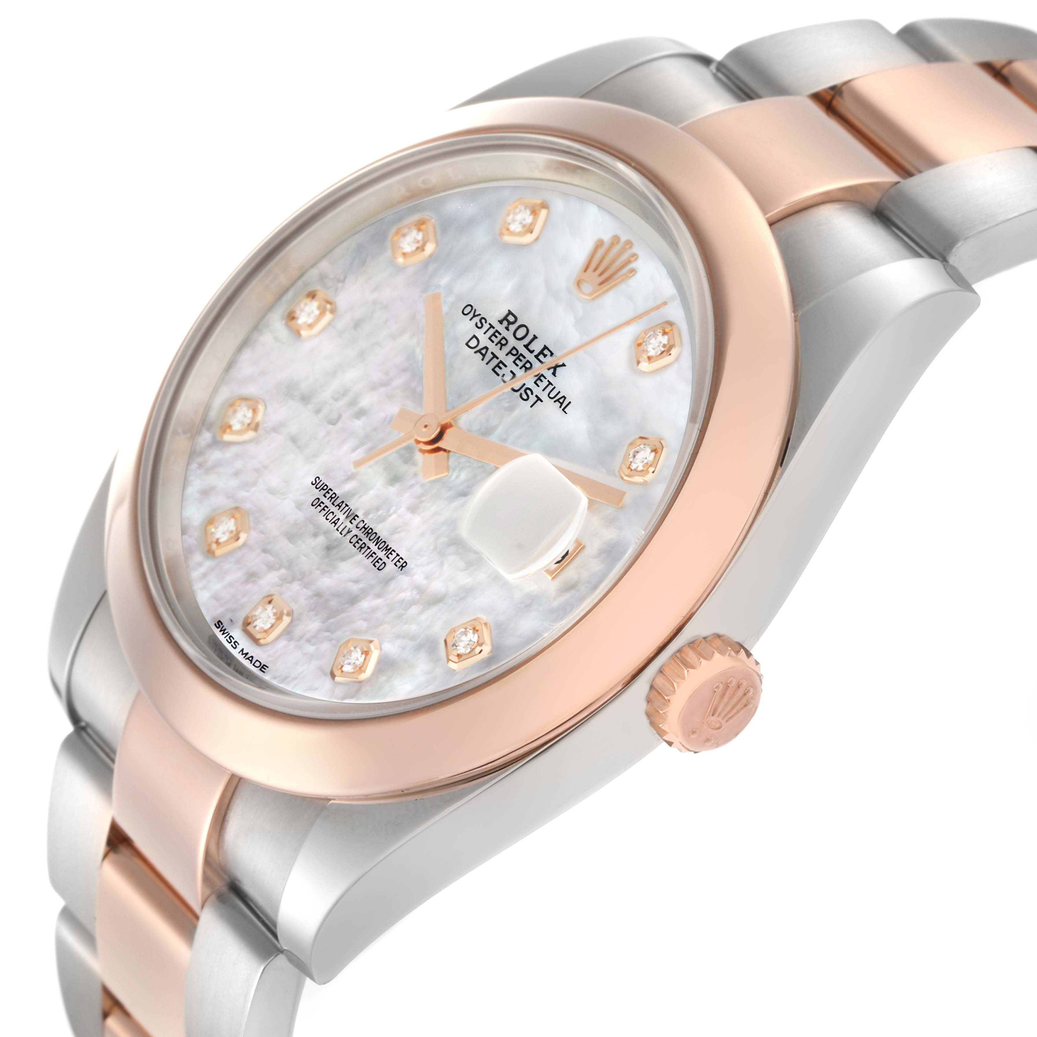 The Rolex Datejust 41 126301 Men
s Steel and Gold (two tone) Mother of Pearl Dial watch is shown at a slight angle, highlighting the dial, bezel, crown, and part of the bracelet.