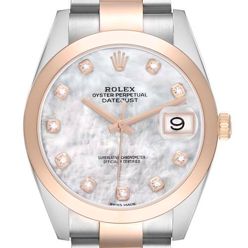 The Rolex Datejust 41 126301 Men's Steel and Gold (two tone) Mother of Pearl Dial watch is shown from a top-down angle, displaying the face, bezel, and part of the bracelet.