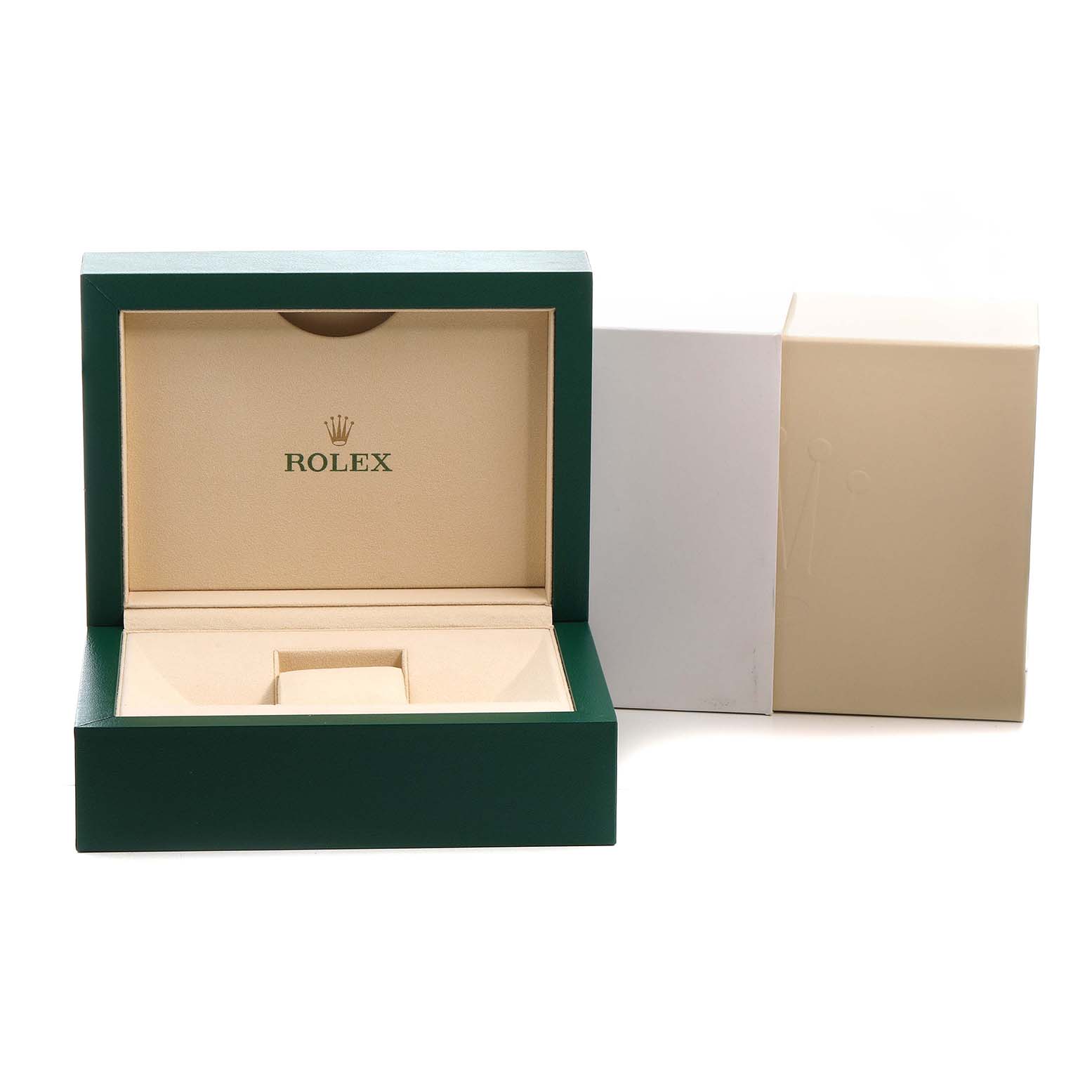 The image shows an open wooden Rolex Datejust 126331 Men's Steel and Gold (two tone) Pink Dial watch box with an outer cardboard sleeve, viewed from the front.