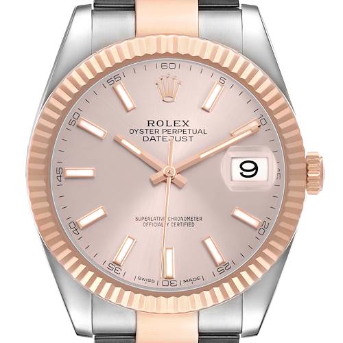 The Rolex Datejust 126331 Men's Steel and Gold (two tone) Pink Dial watch is shown from the front, highlighting the dial, hour markers, bezel, and the bracelet's top links.