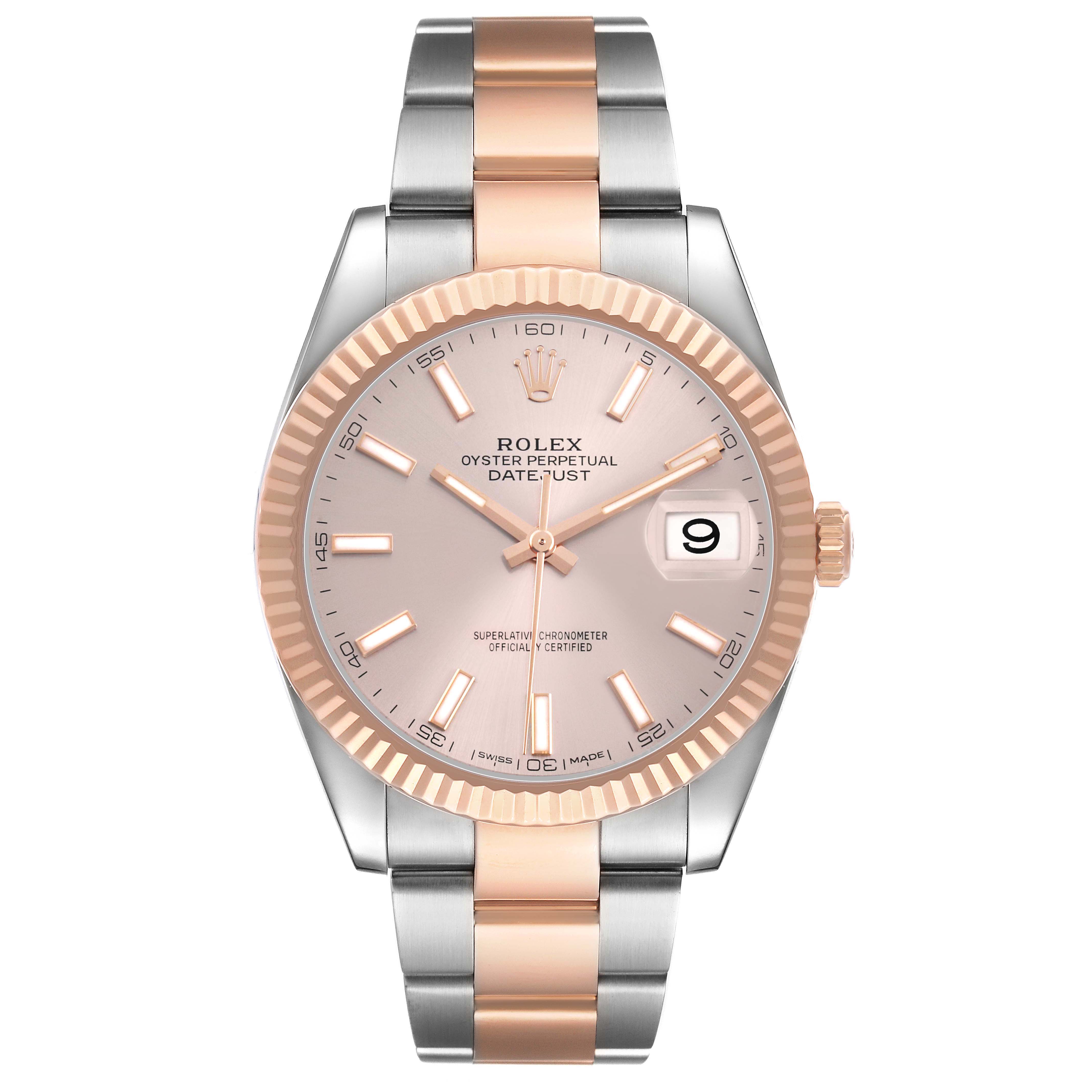 The Rolex Datejust 126331 Men's Steel and Gold (two tone) Pink Dial watch is shown from the front, displaying its face, bezel, crown, and bracelet.