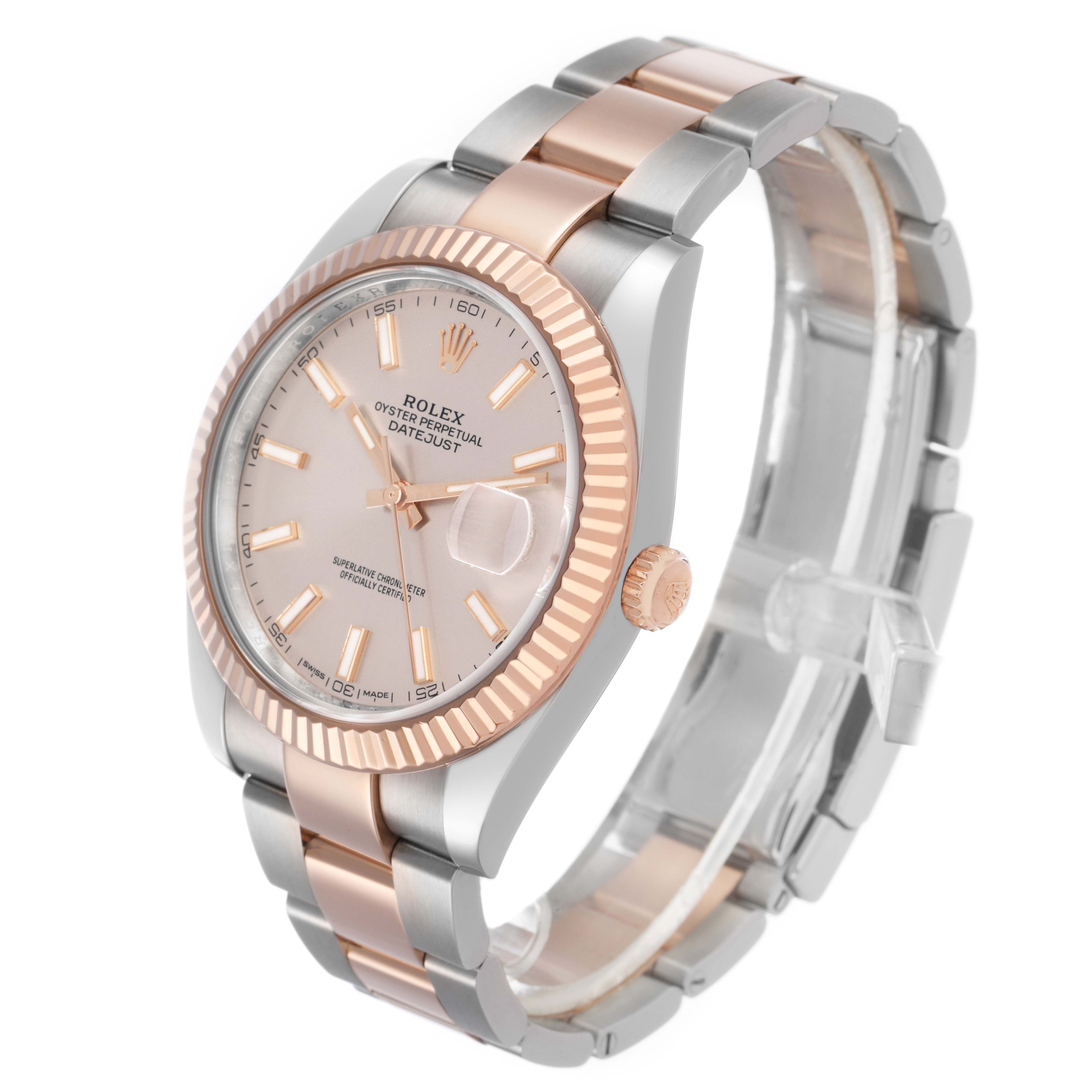 The Rolex Datejust 126331 Men's Steel and Gold (two tone) Pink Dial watch is shown at an angled side view, highlighting its case, dial, bezel, crown, and bracelet.
