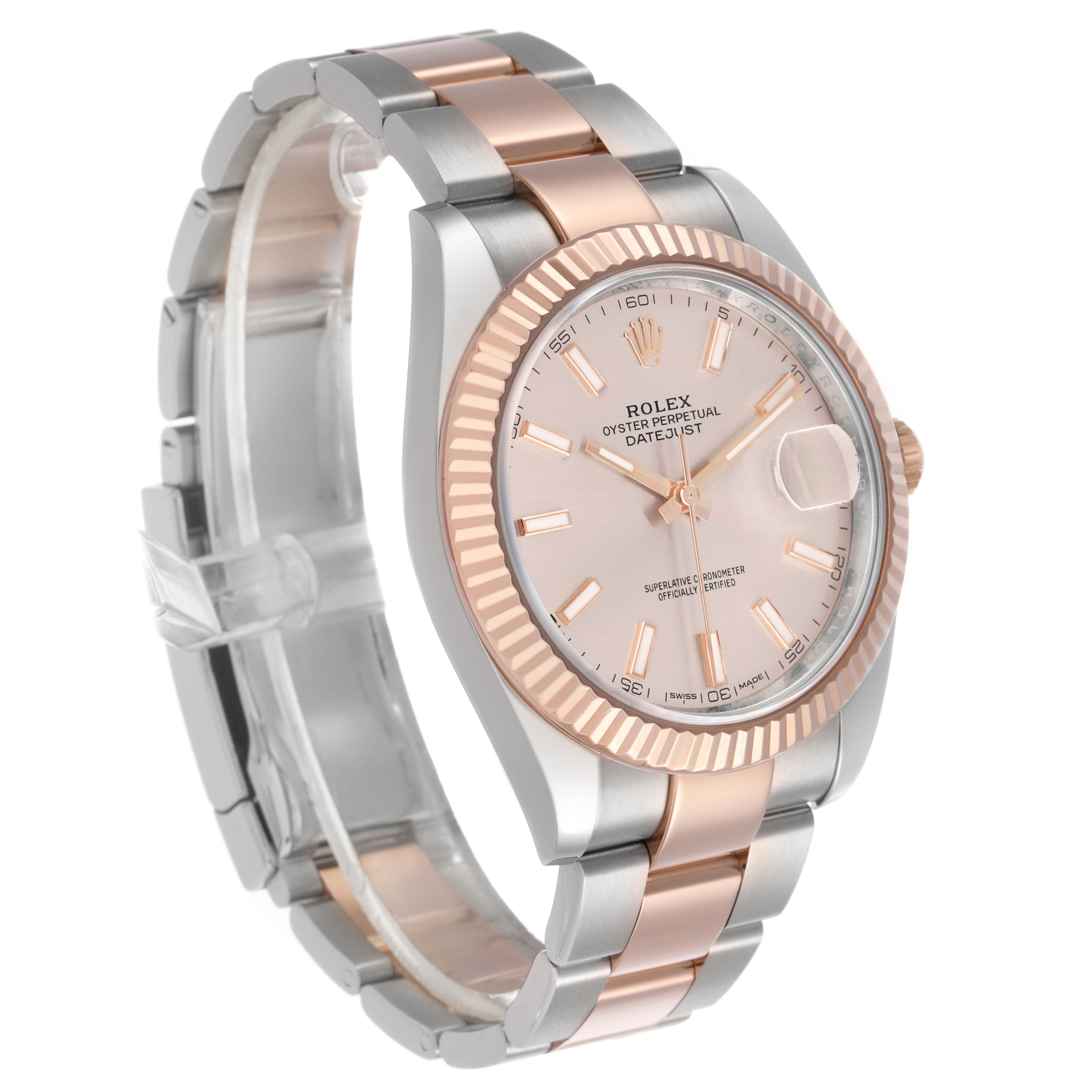 The Rolex Datejust 126331 Men's Steel and Gold (two tone) Pink Dial watch is shown at an angled side view, highlighting its dial, bezel, case, crown, and bracelet.