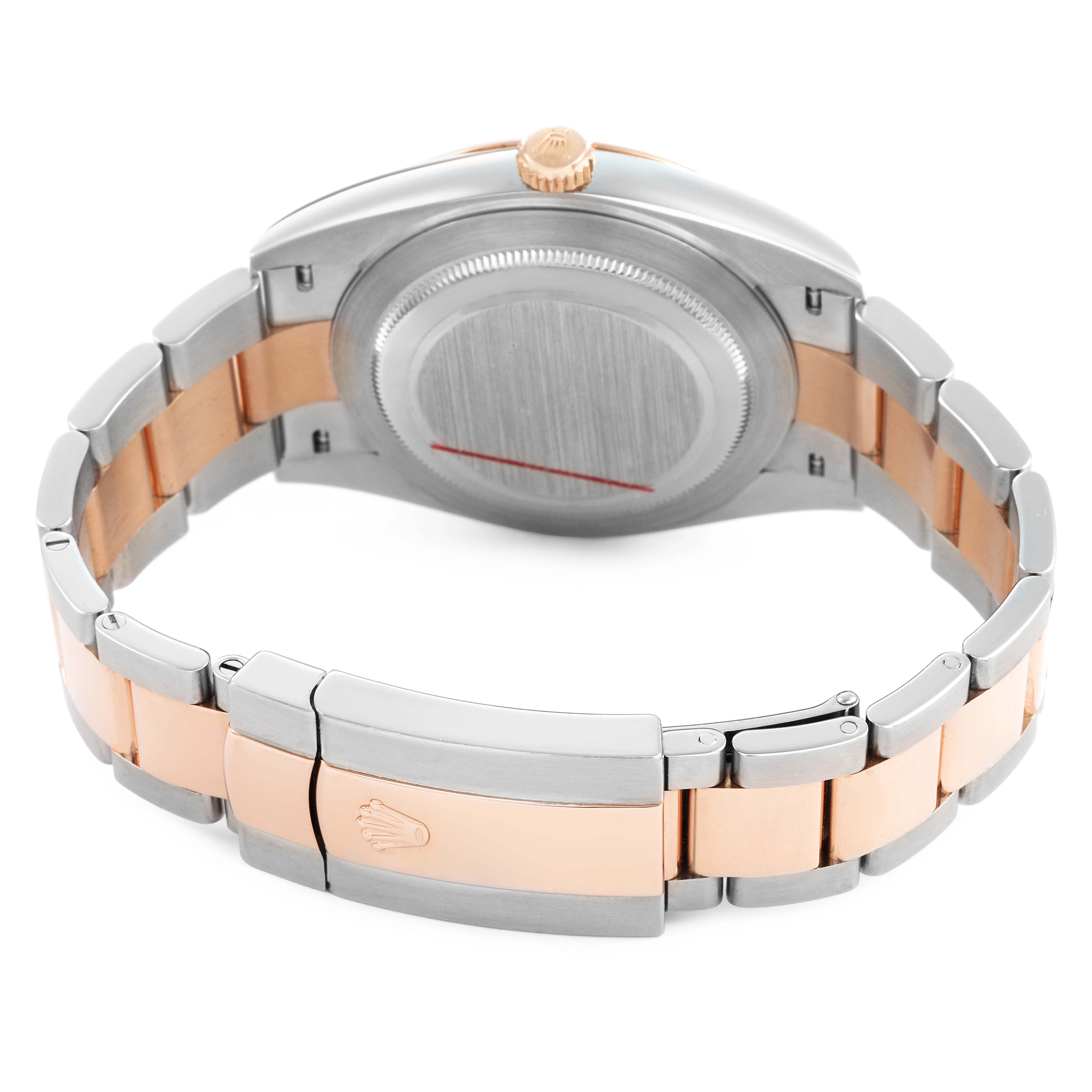 The image shows the back and clasp of a Rolex Datejust 126331 Men's Steel and Gold (two tone) Pink Dial, highlighting the case back and two-tone bracelet.
